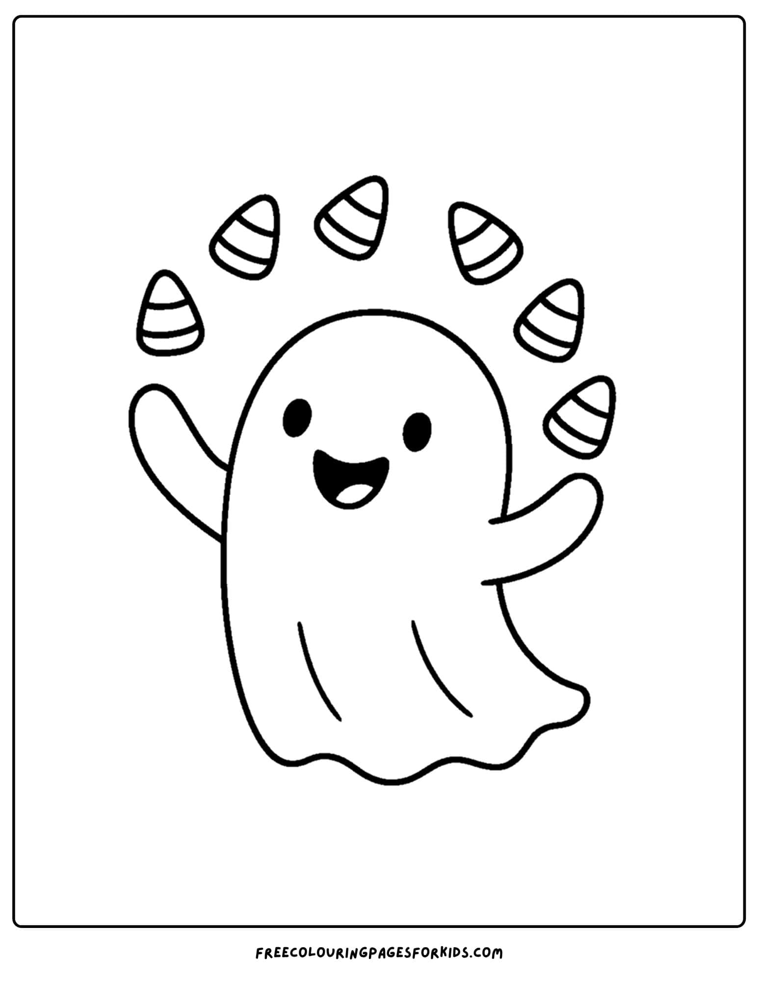 a ghost juggling candy corn coloring page