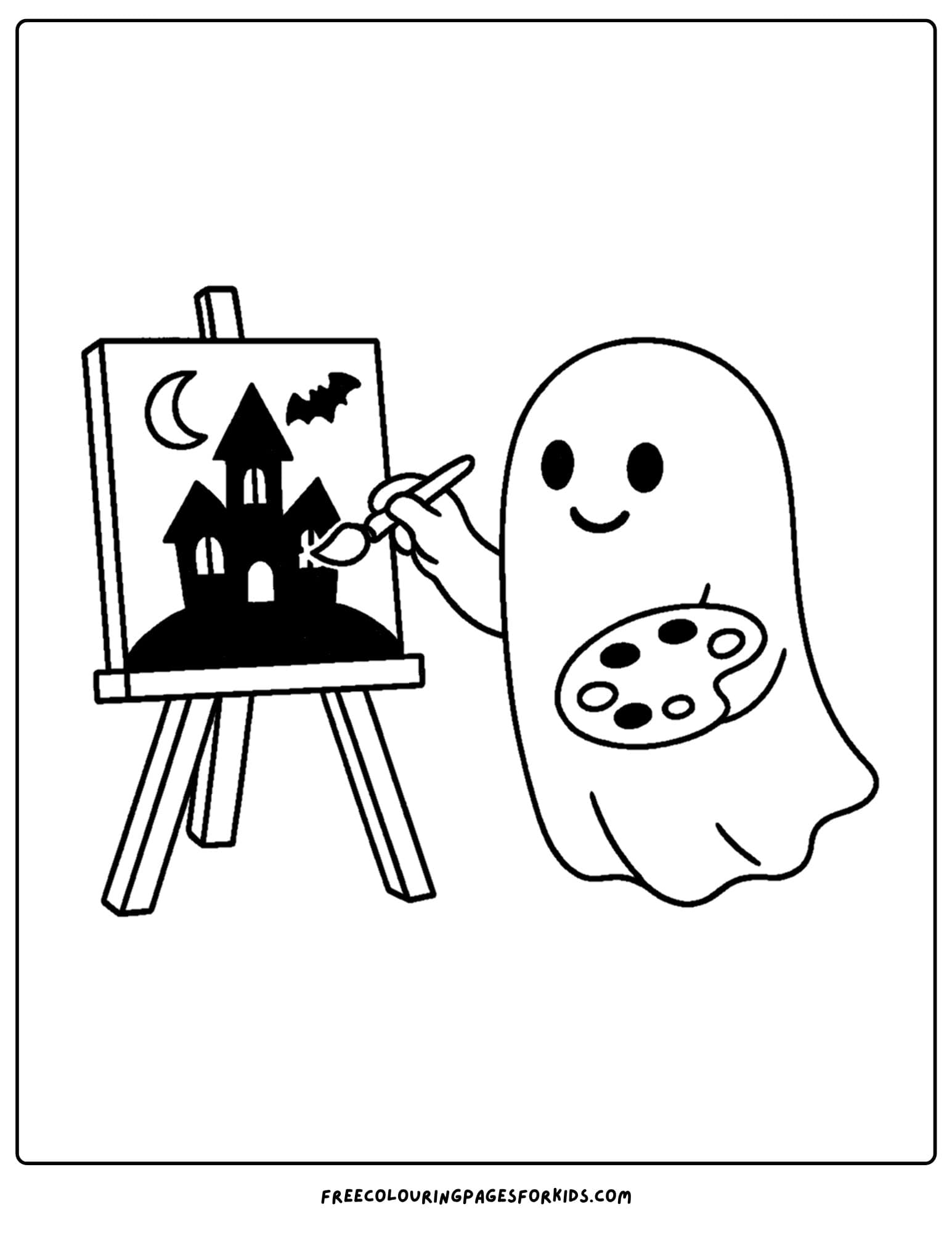a ghost painting a haunted house coloring page