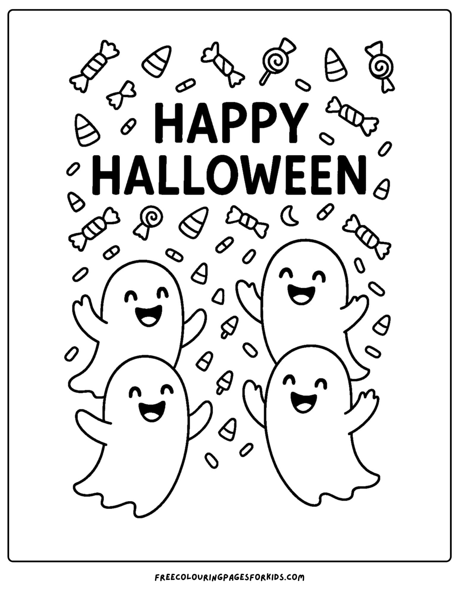 a halloween coloring page of ghosts saying happy halloween