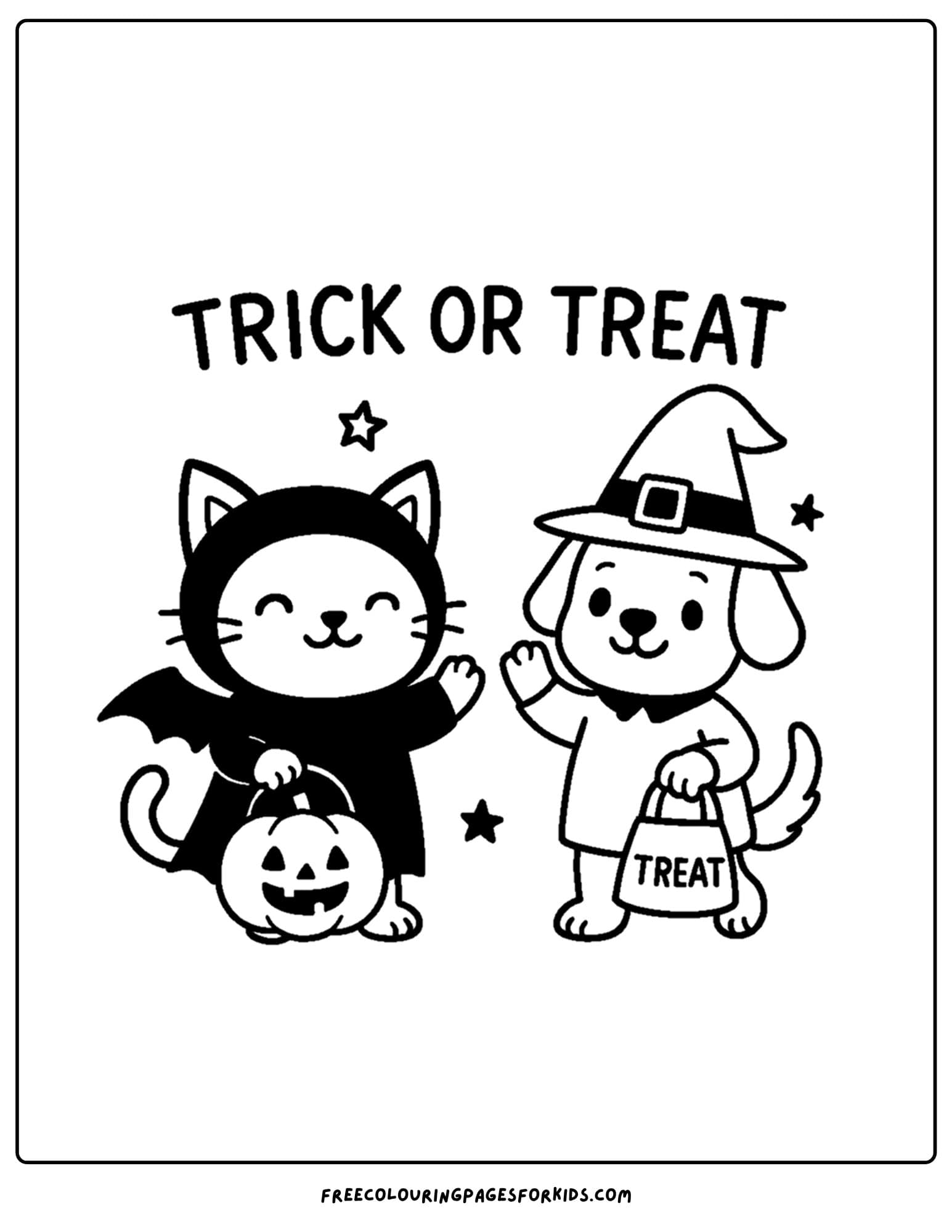 a halloween coloring page of a cat and dog going out for halloween in costumes