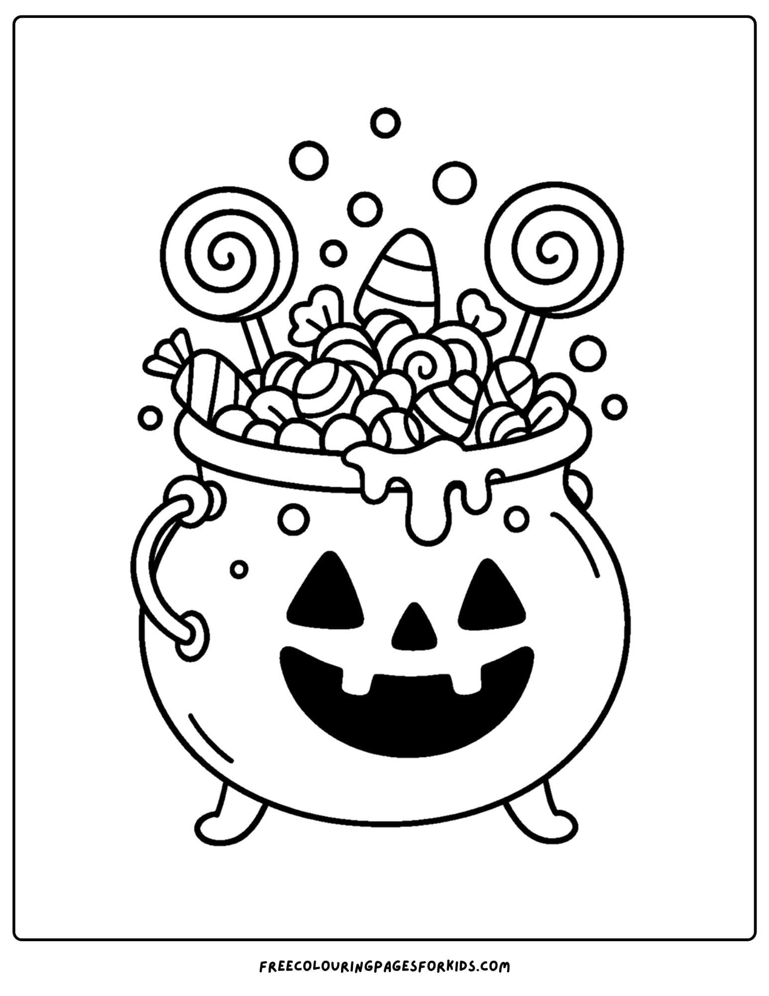 a halloween coloring page of a cauldron of candy and sweets