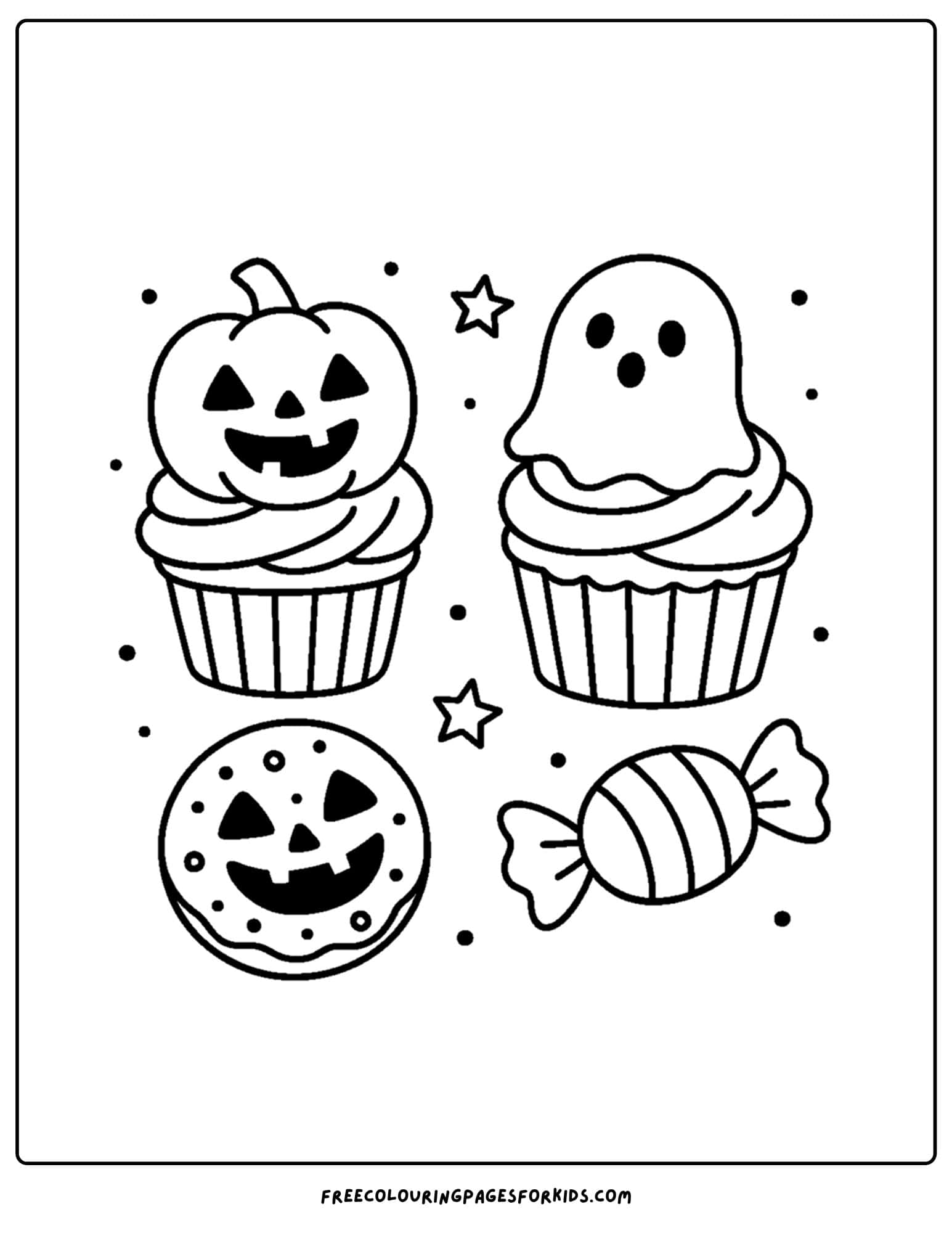 a halloween coloring page of spooky cupcakes