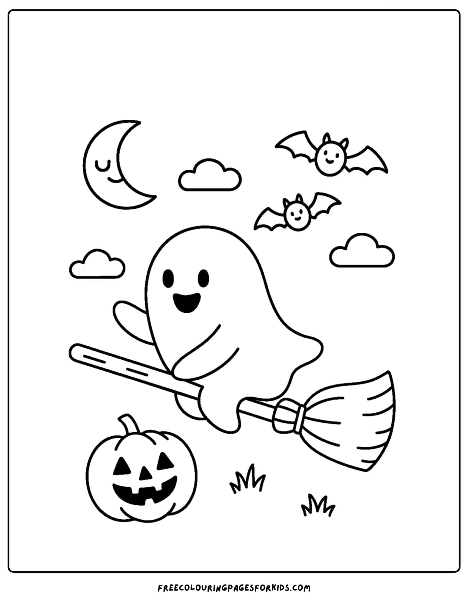 a halloween coloring page of a ghost riding a flying broom