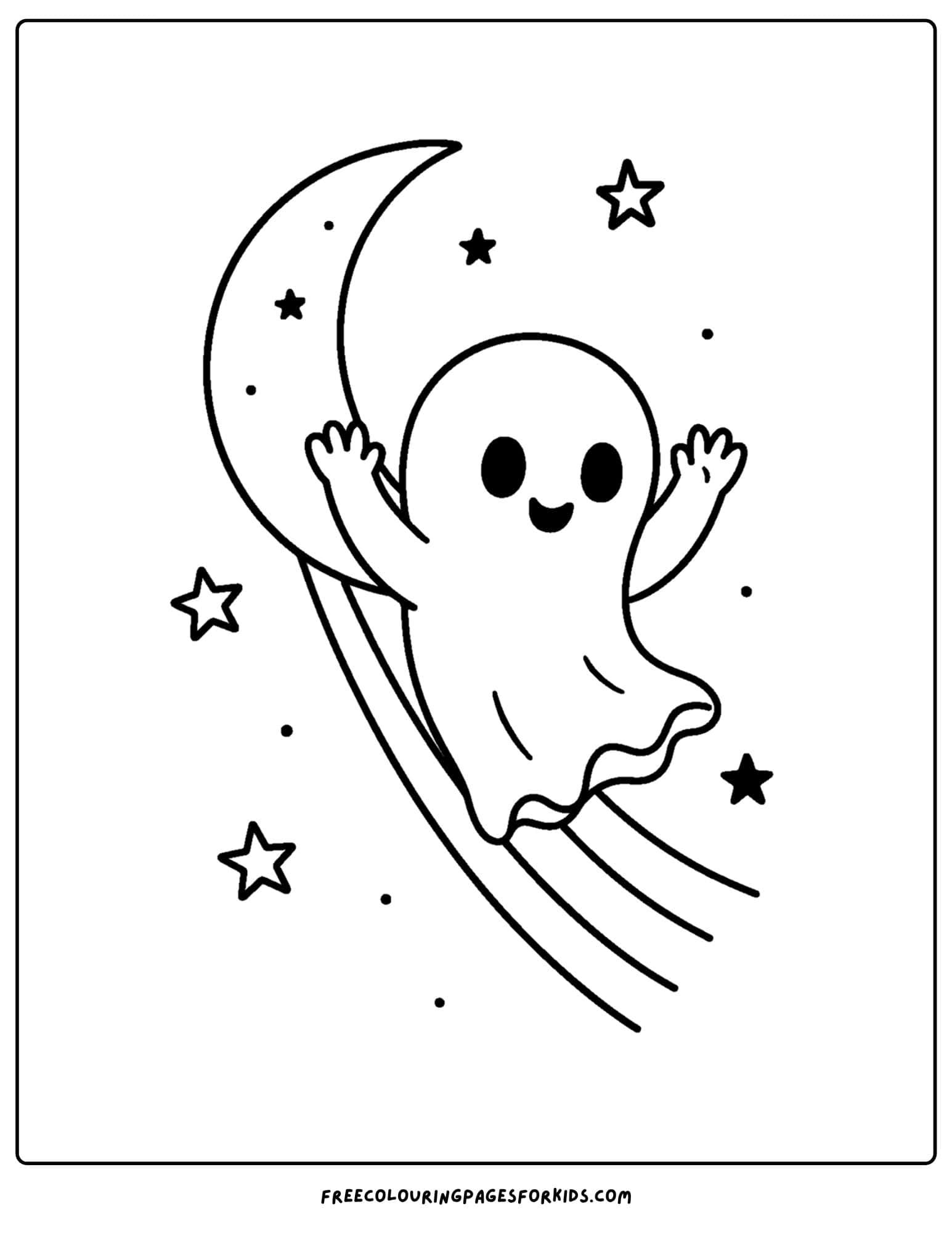 a halloween coloring page of a ghost sliding down a moonbeam