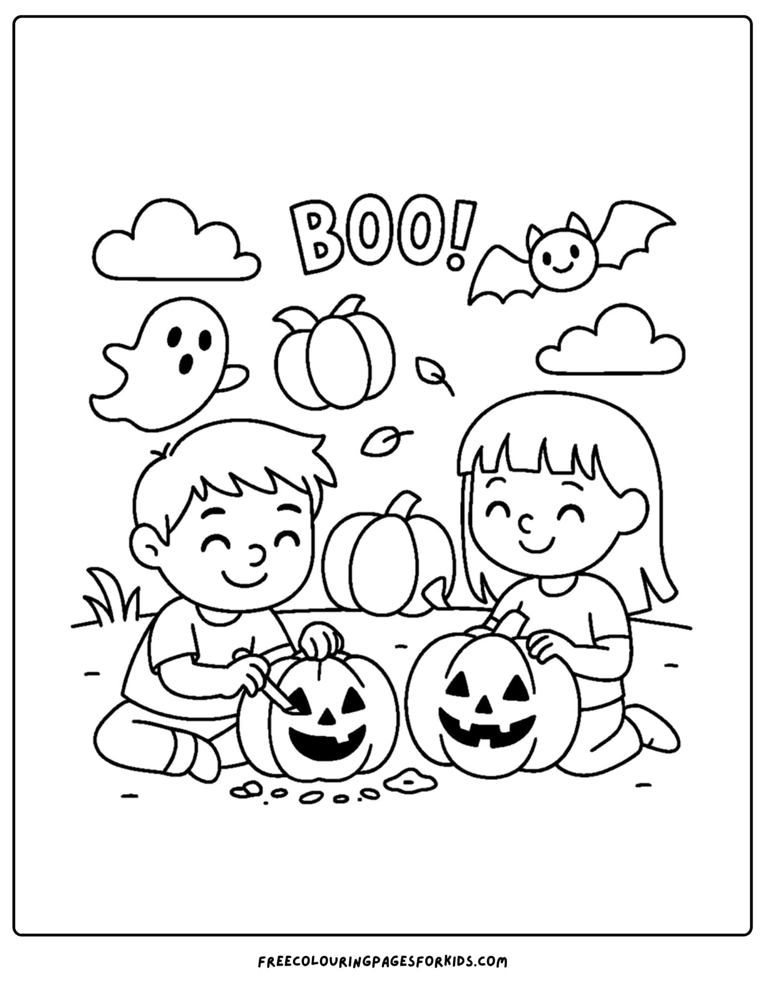 a halloween coloring page of kids carving pumpkins for halloween