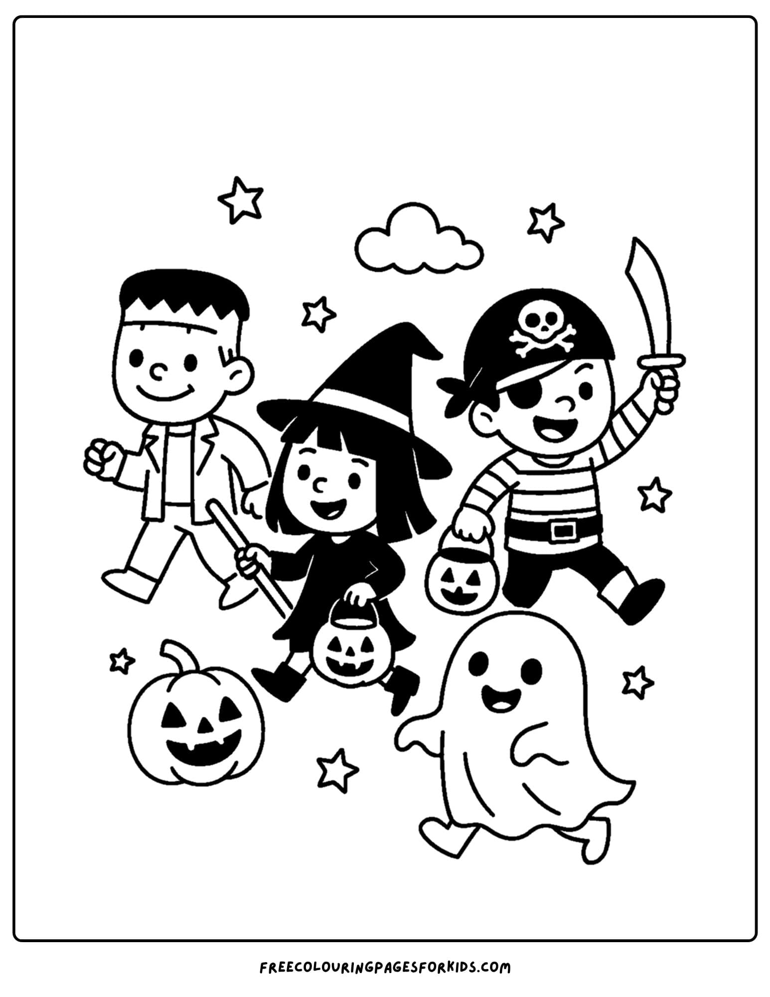 a halloween coloring page of kids dressed up to go trick or treating