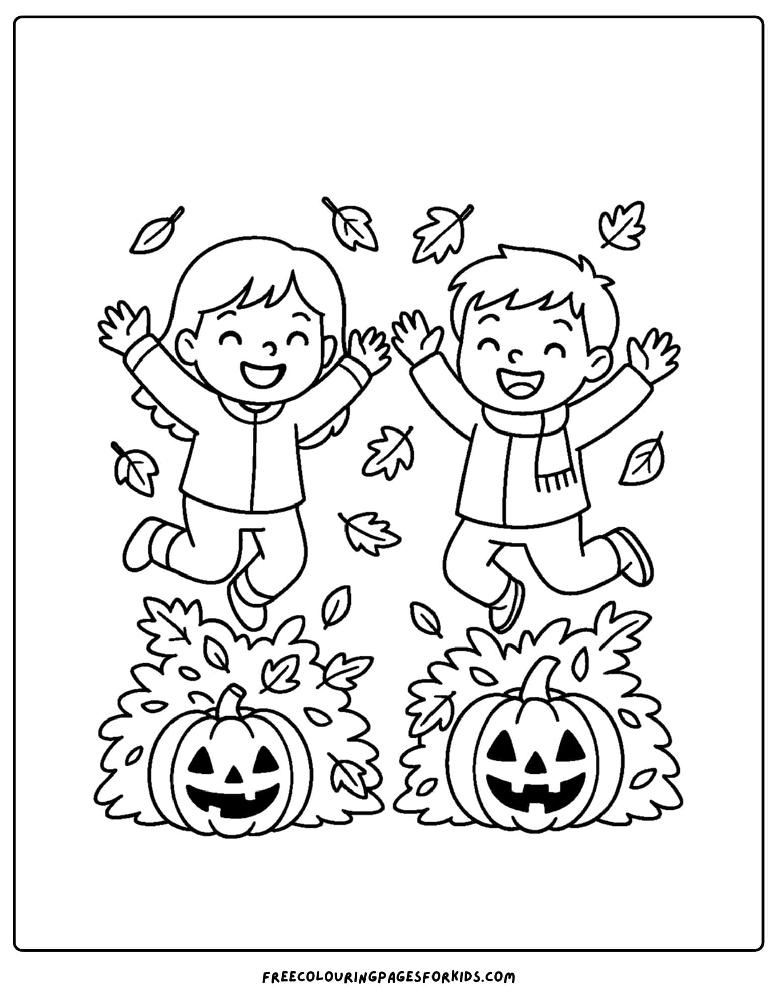 a halloween coloring page of kids jumping in leaves