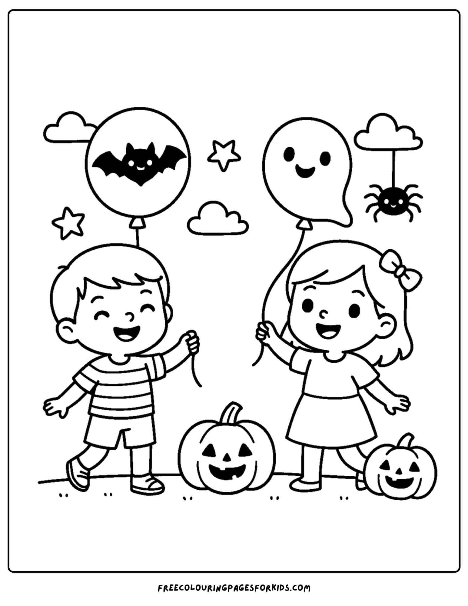 a halloween coloring page of kids playing with spooky balloons