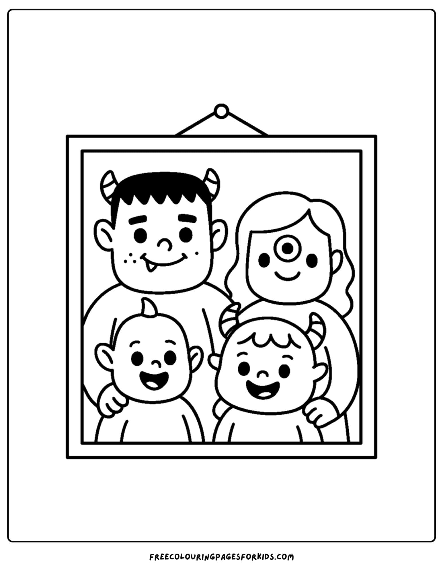 a halloween coloring page of a monster family portrait
