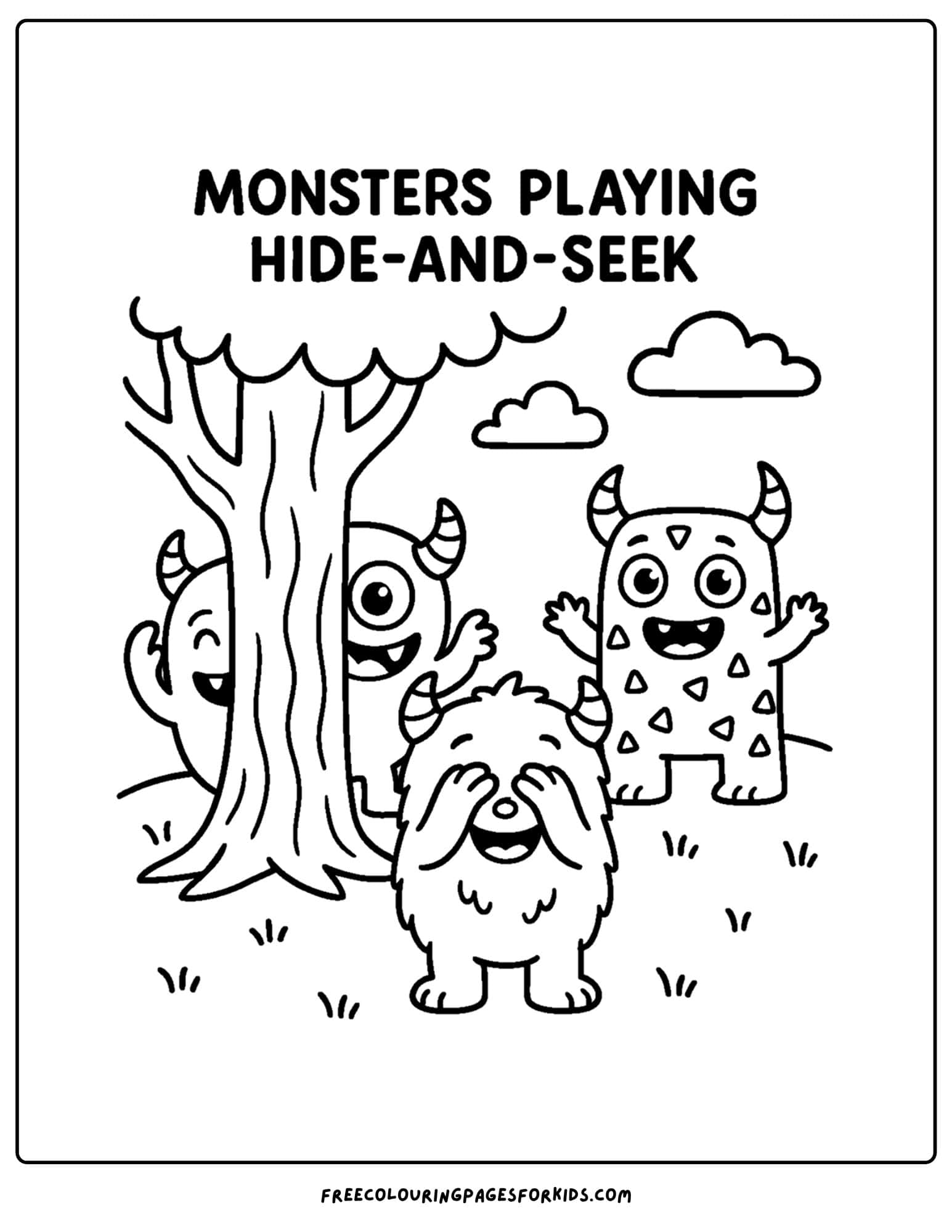 a halloween coloring page of monsters playing hide and seek