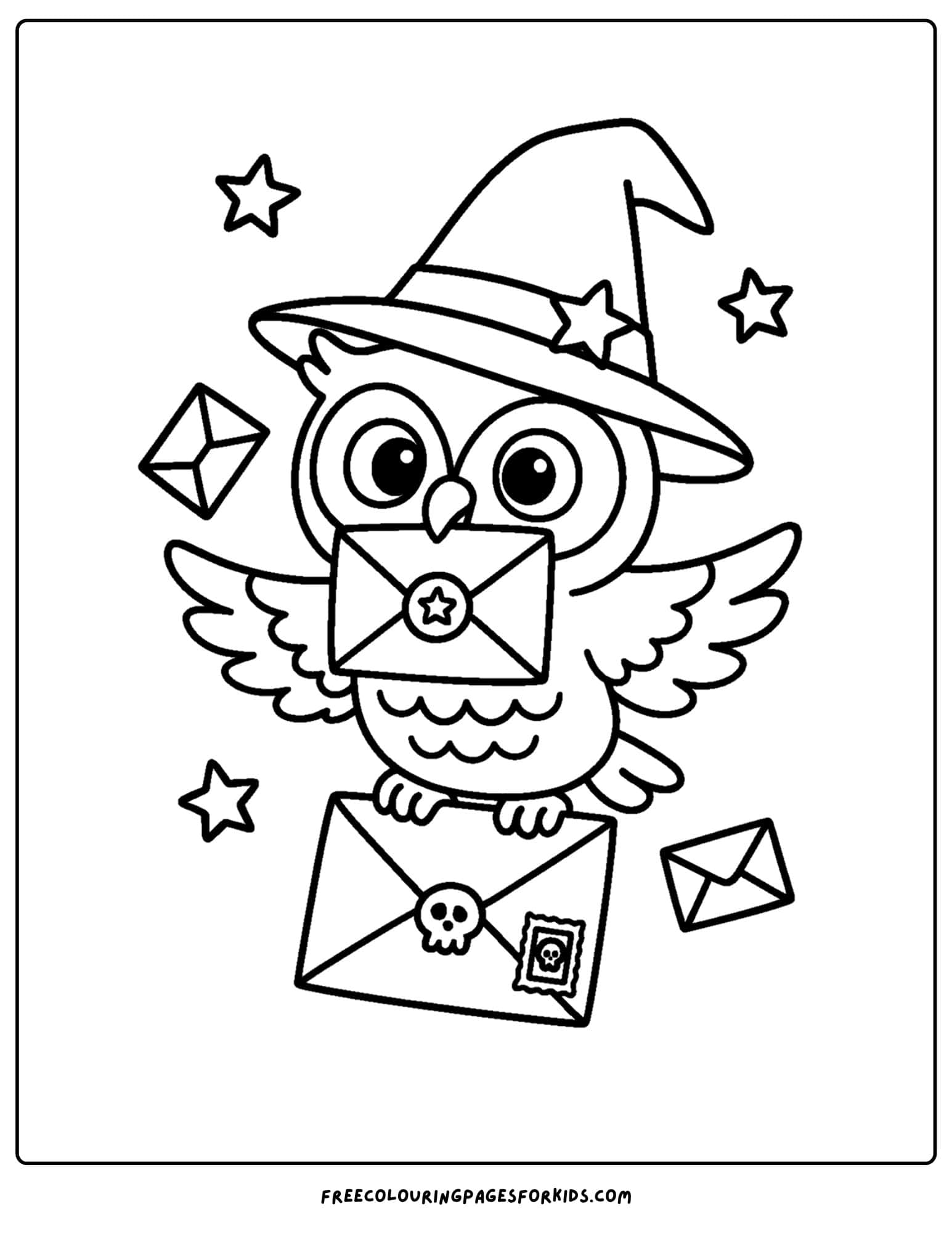 a halloween coloring page of an owl delivering spooky mail