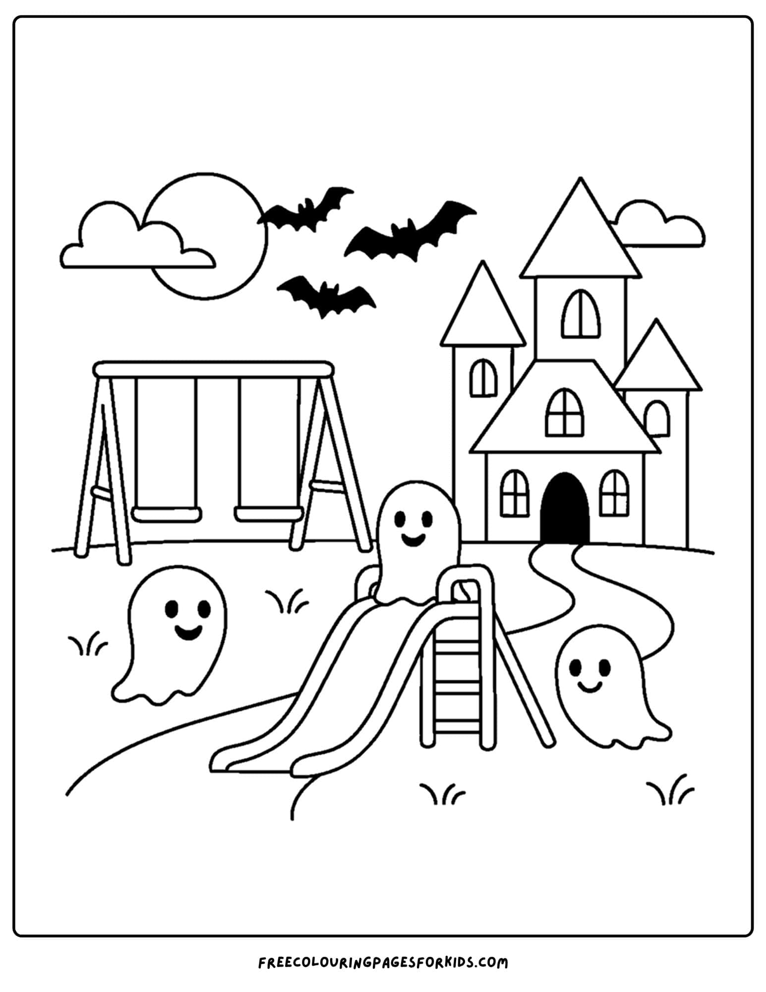a halloween coloring page of ghosts playing in a haunted playground