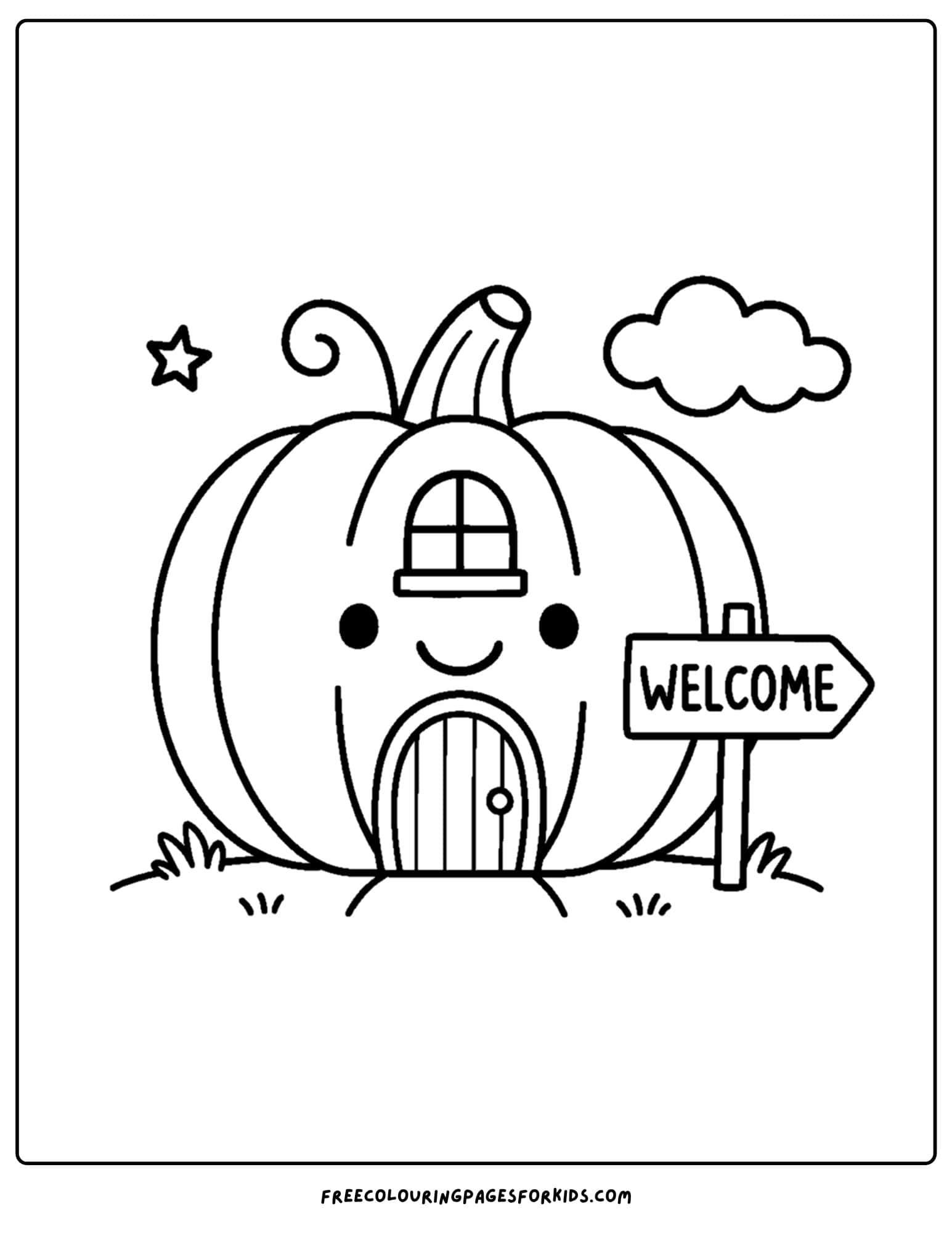 a halloween coloring page of a pumpkin house with a welcome sign