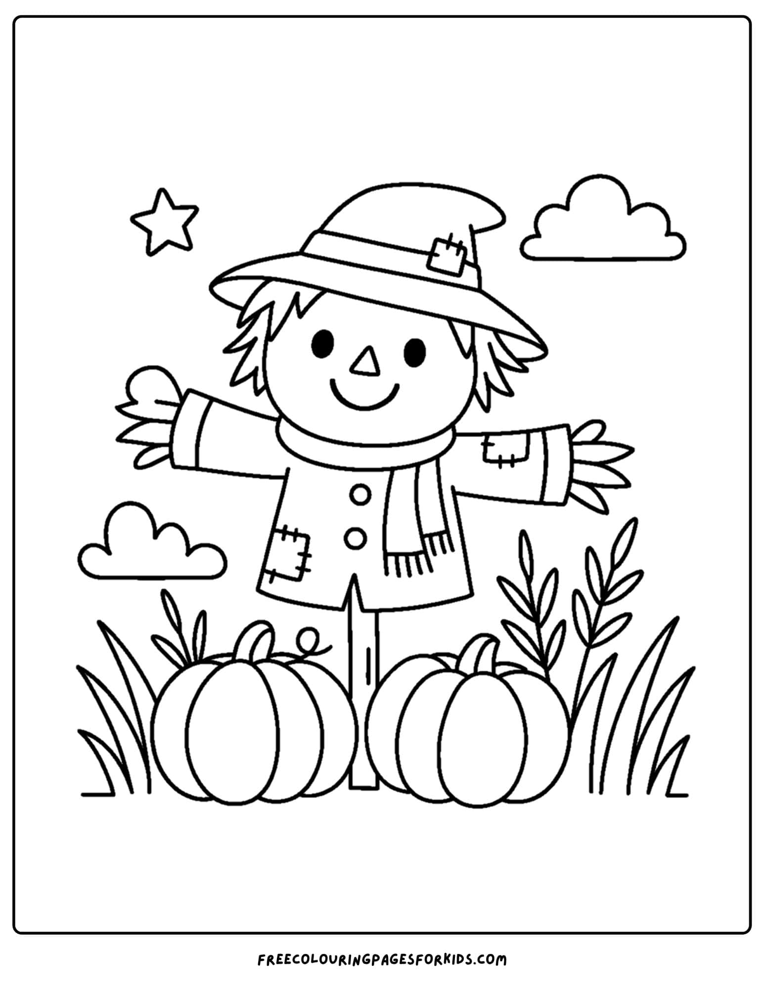 a halloween coloring page of a scarecrow in a field