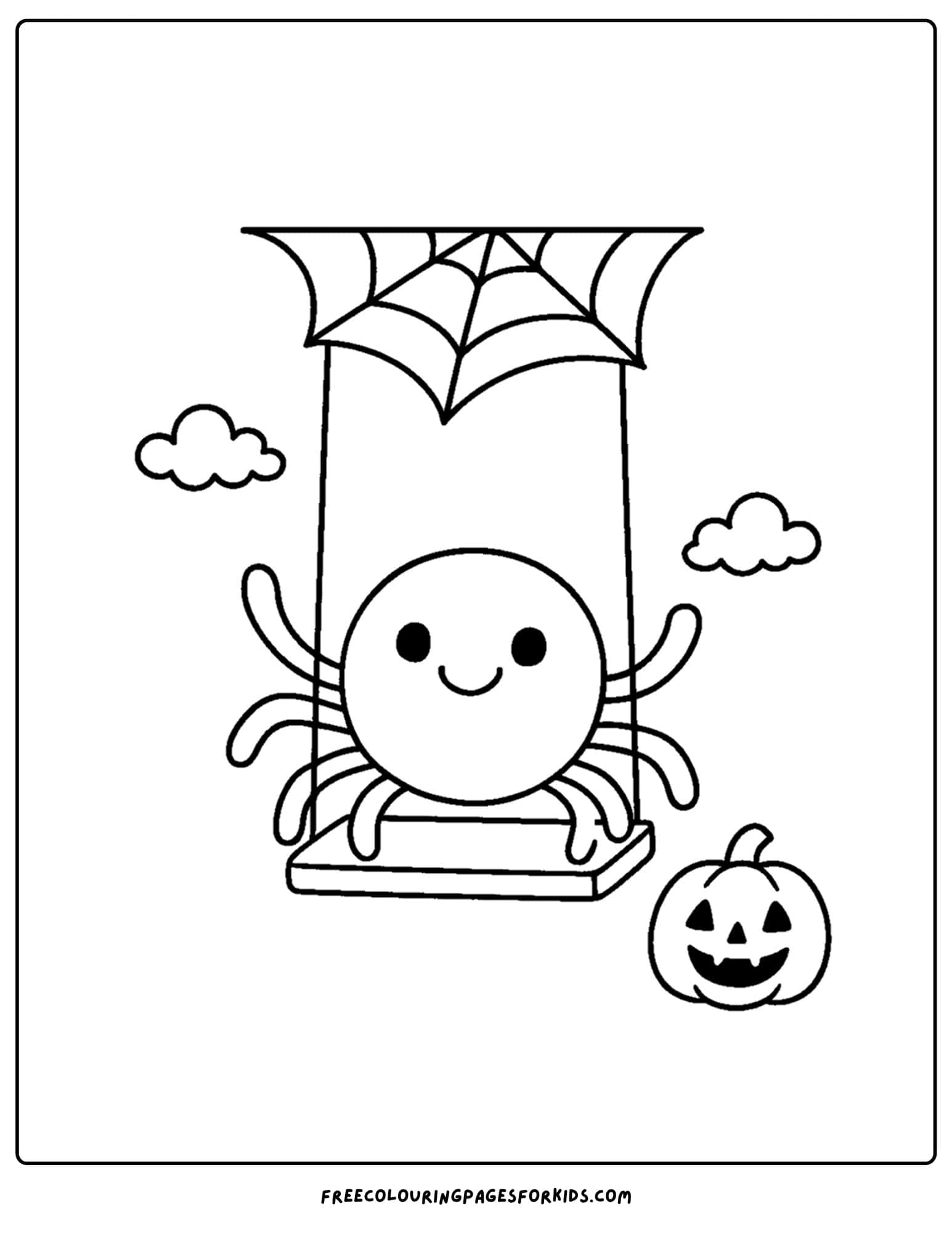 a halloween coloring page of a spider swinging from a web