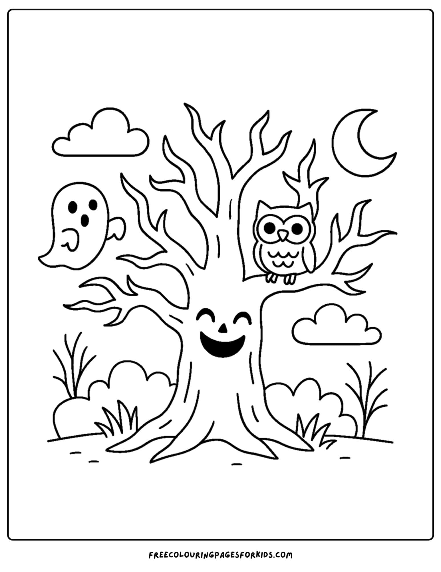 a halloween coloring page of a haunted tree with owls in it