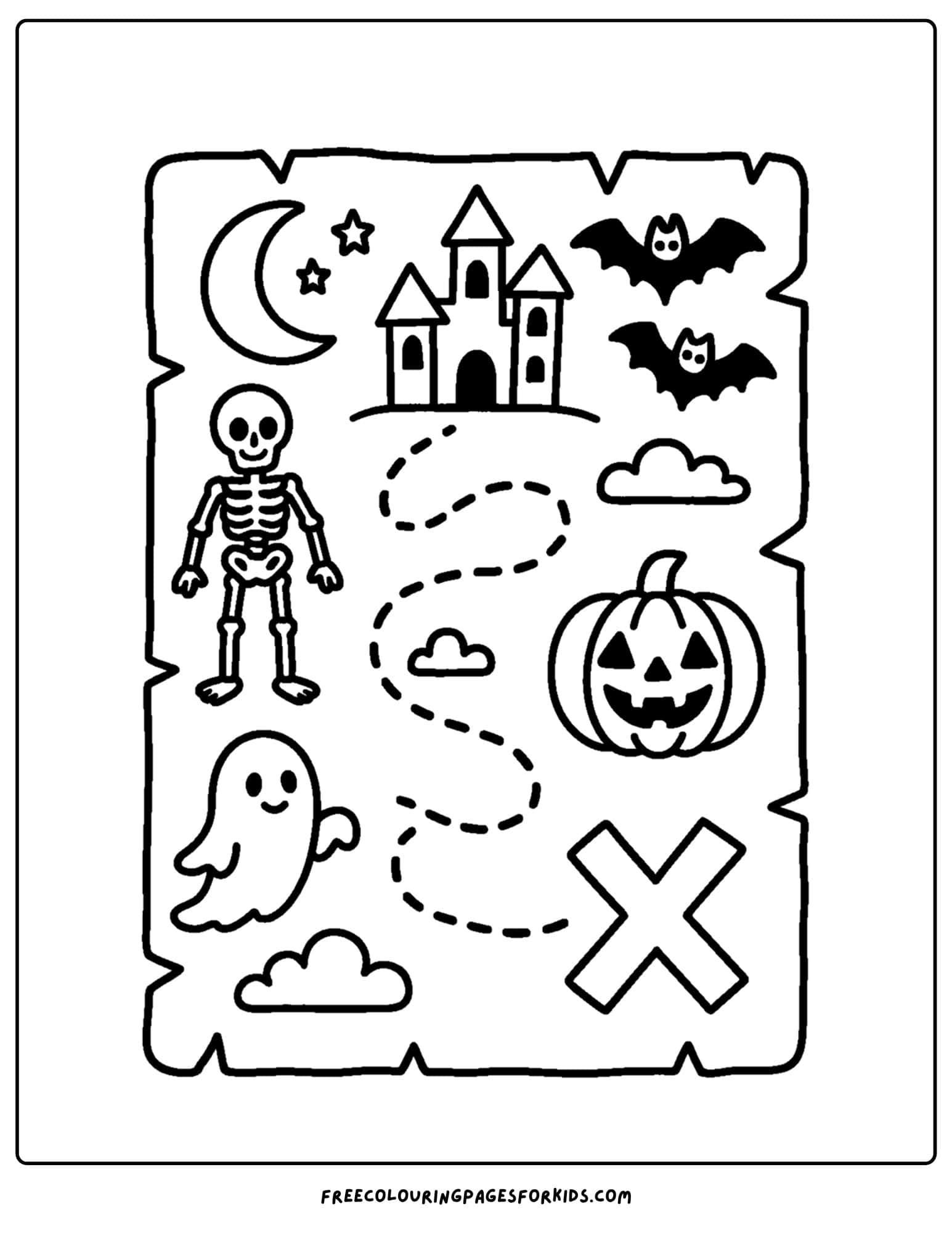 a halloween coloring page of a treasure map with ghosts and skeletons on it