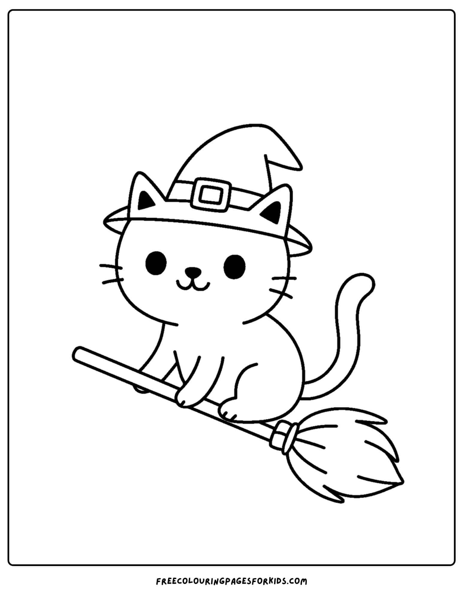 a halloween coloring page of a cat riding a flying broom