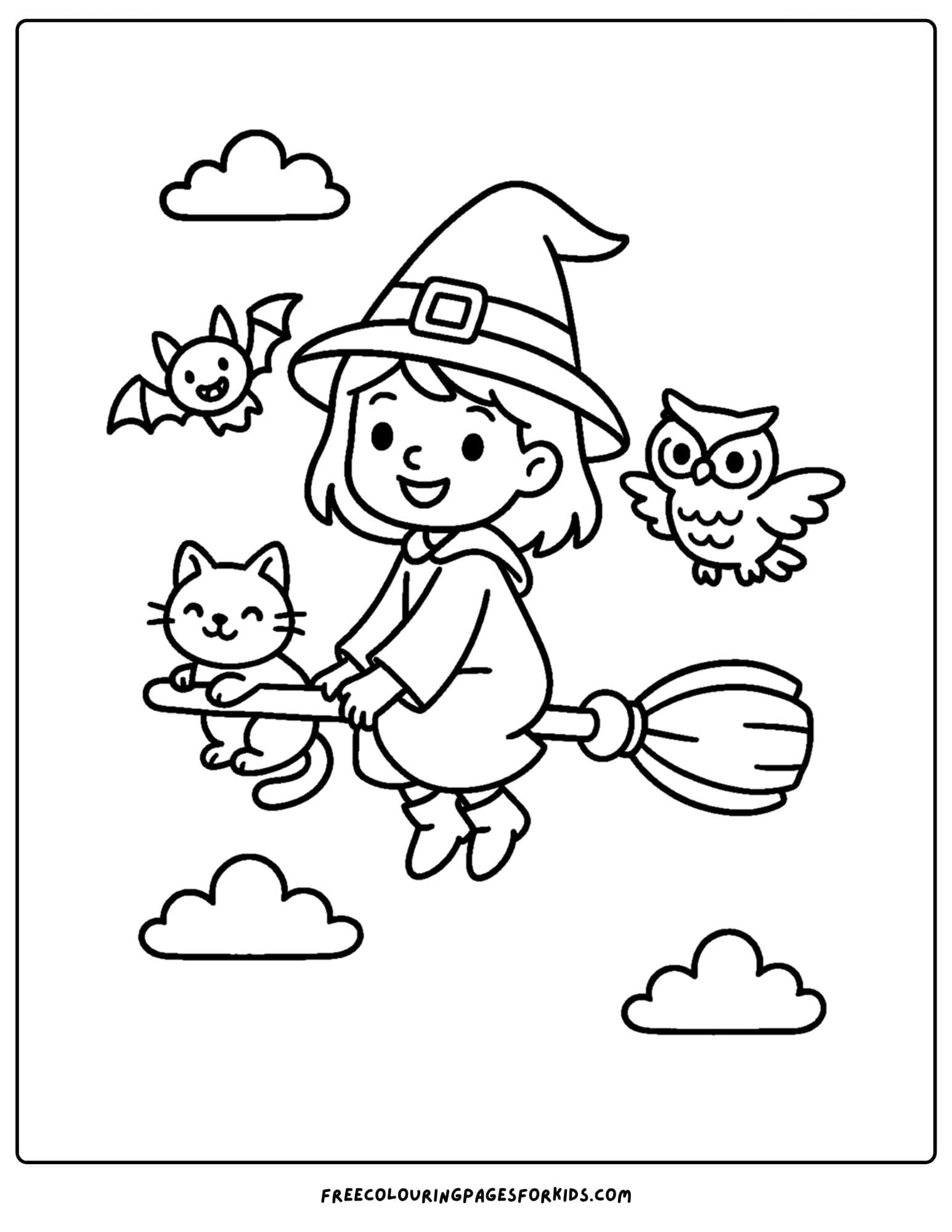 a halloween coloring page of a witch riding a broom with her cat