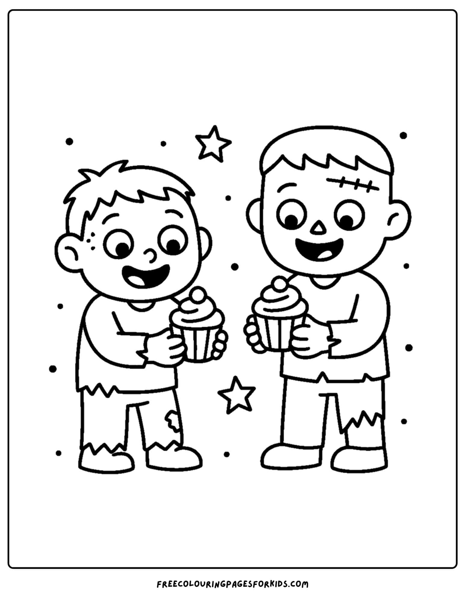 a halloween coloring page of zombies eating cupcakes