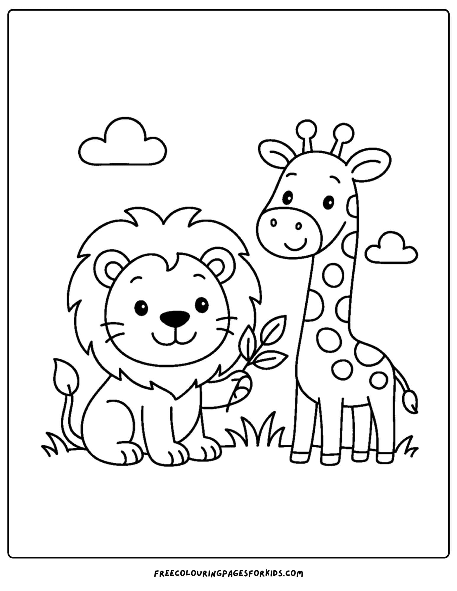 a coloring page of a lion sharing grass