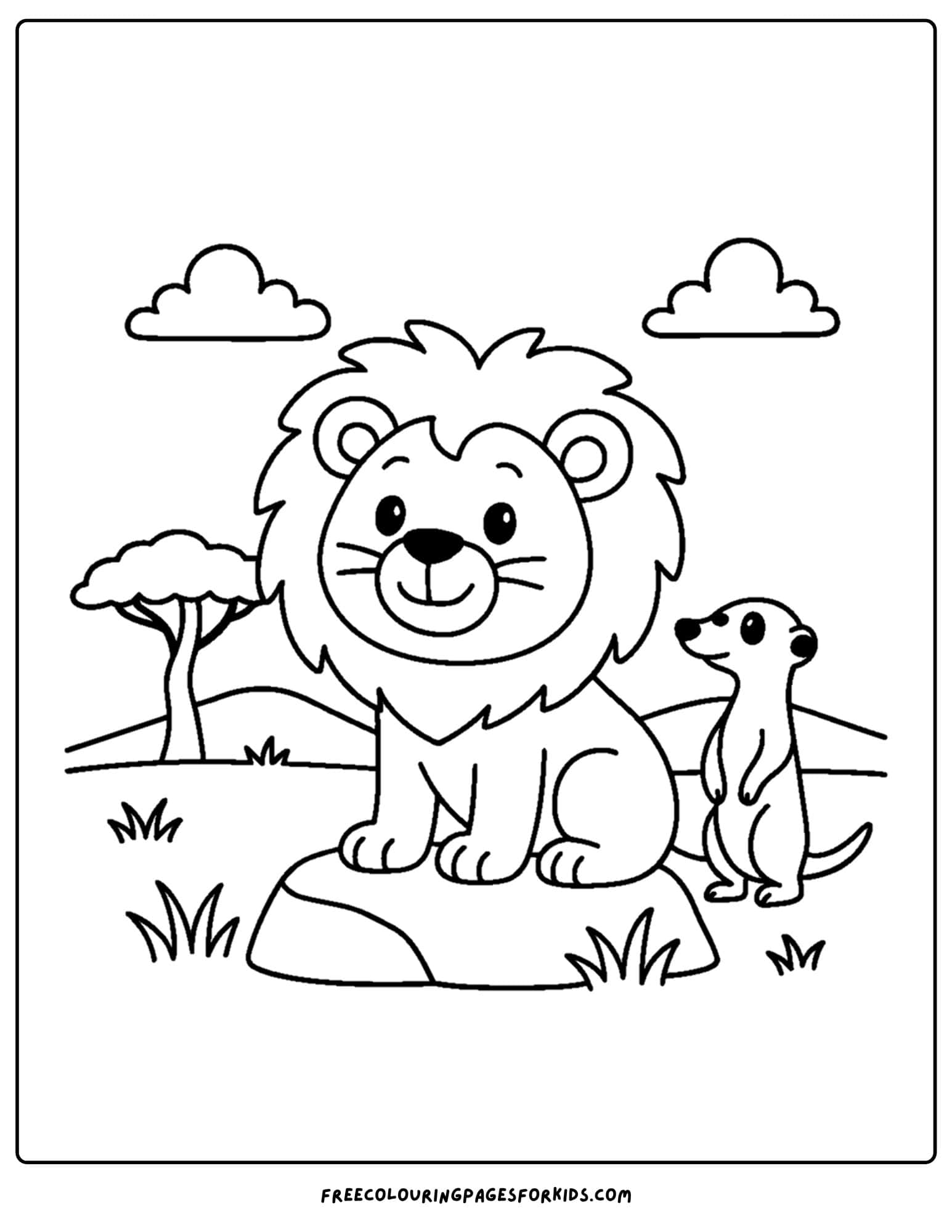 a coloring page of a lion sitting with a meerkat looking around