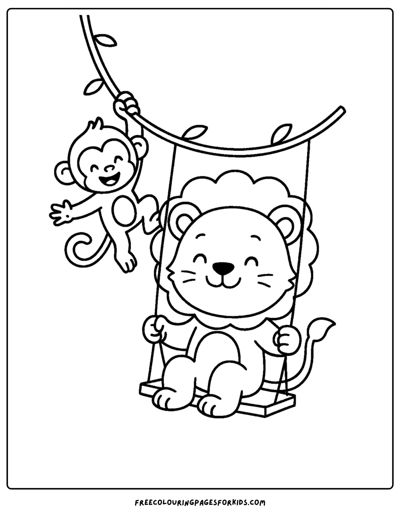 a coloring page of a lion and a monkey swinging together