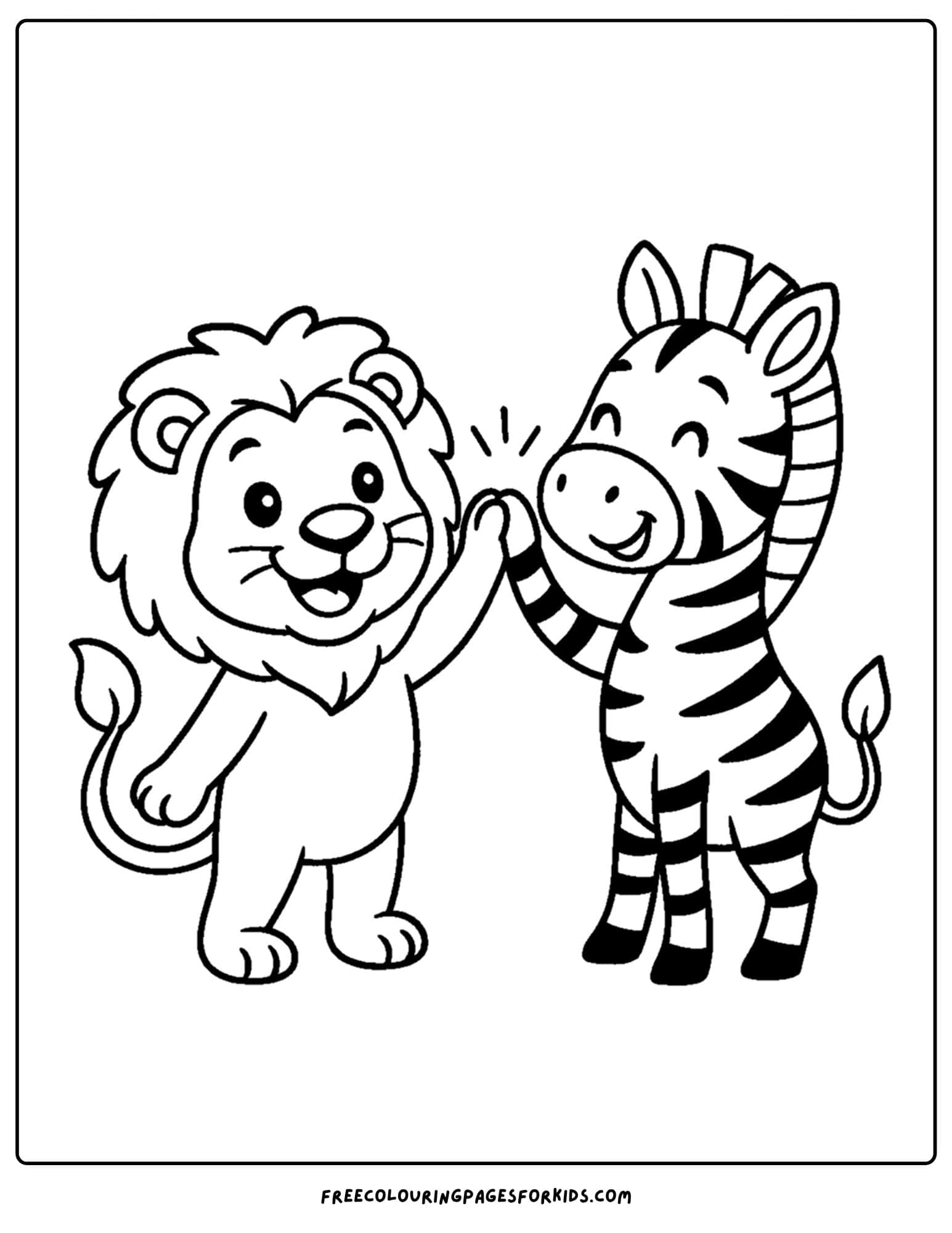 a coloring page of a lion high fiving a zebra