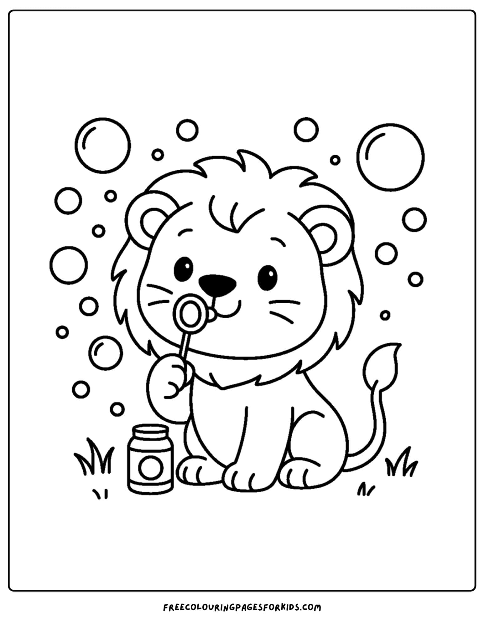 a coloring page of a lion blowing bubbles