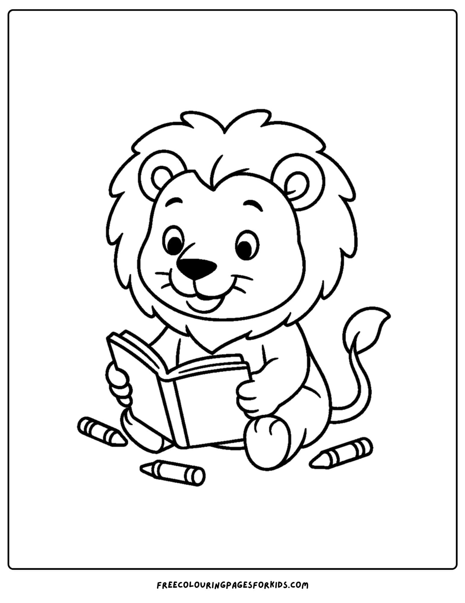 a coloring page of a lion drawing and coloring with crayons