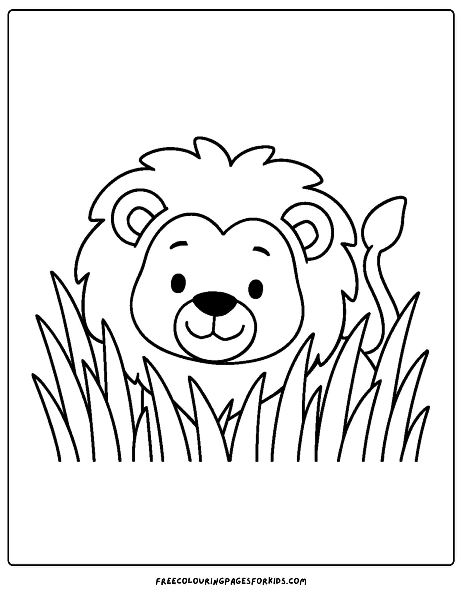 a coloring page of a lion hiding in the grass