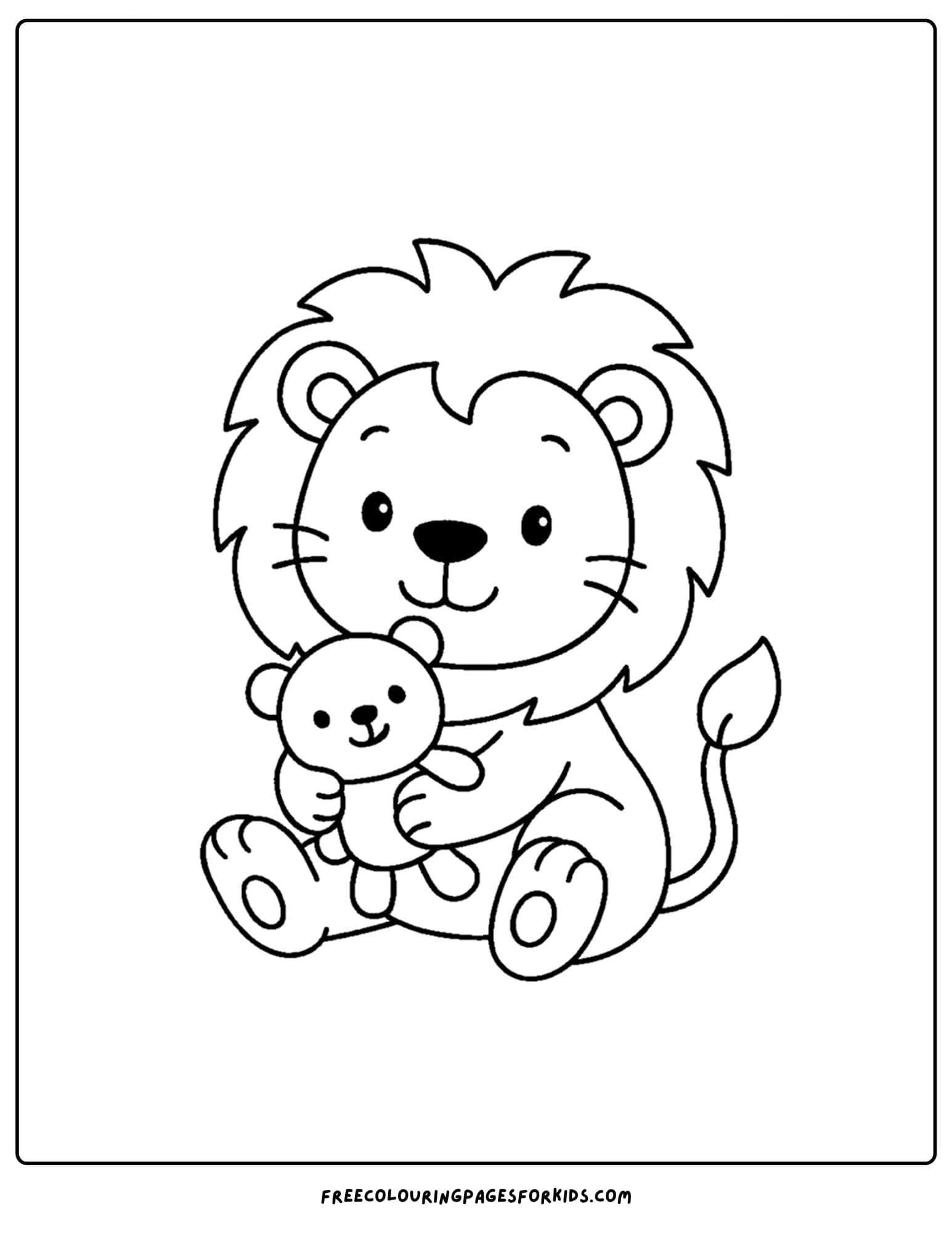 a coloring page of a lion holding a teddy bear