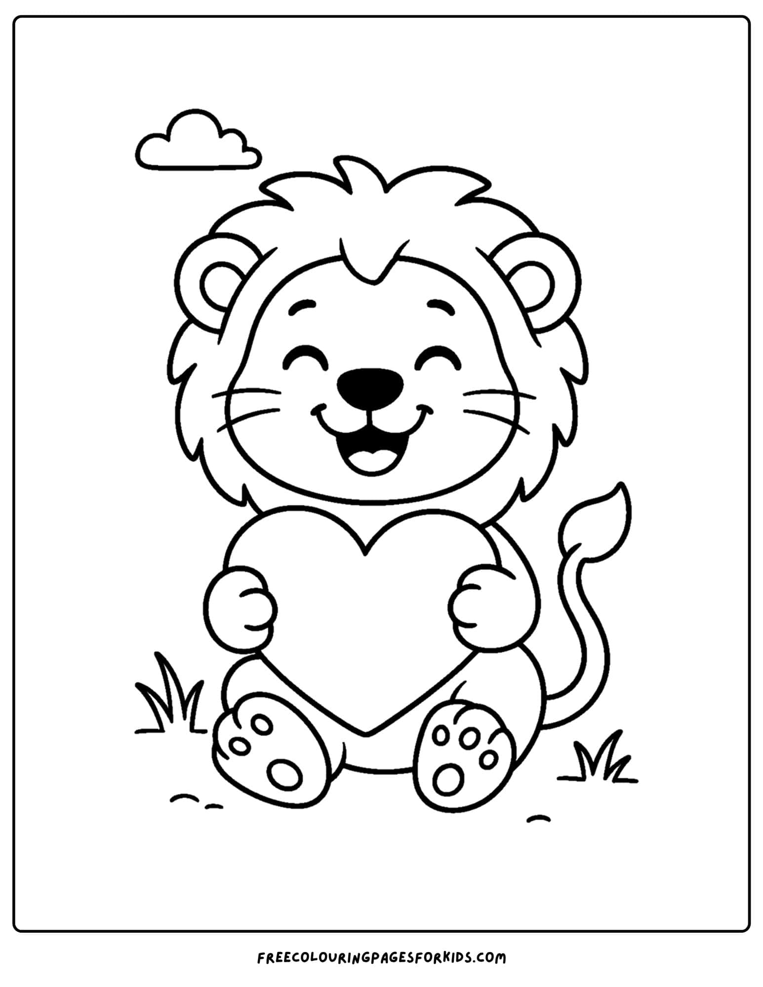 a coloring page of a lion holding a giant heart