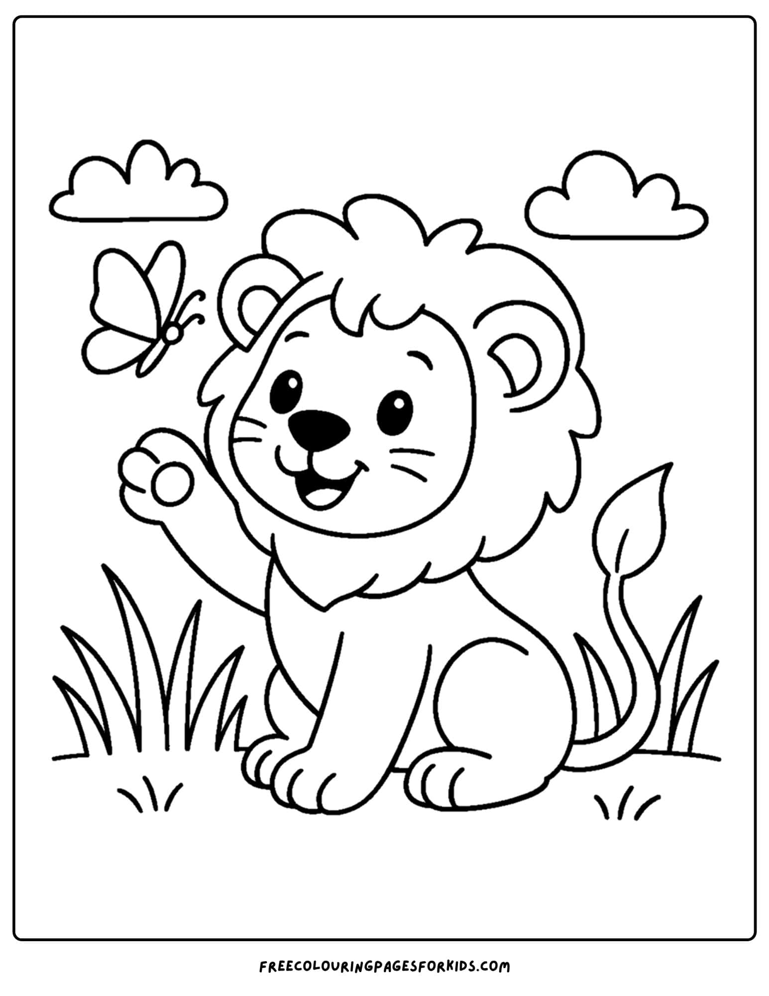 a coloring page of a lion chasing a butterfly