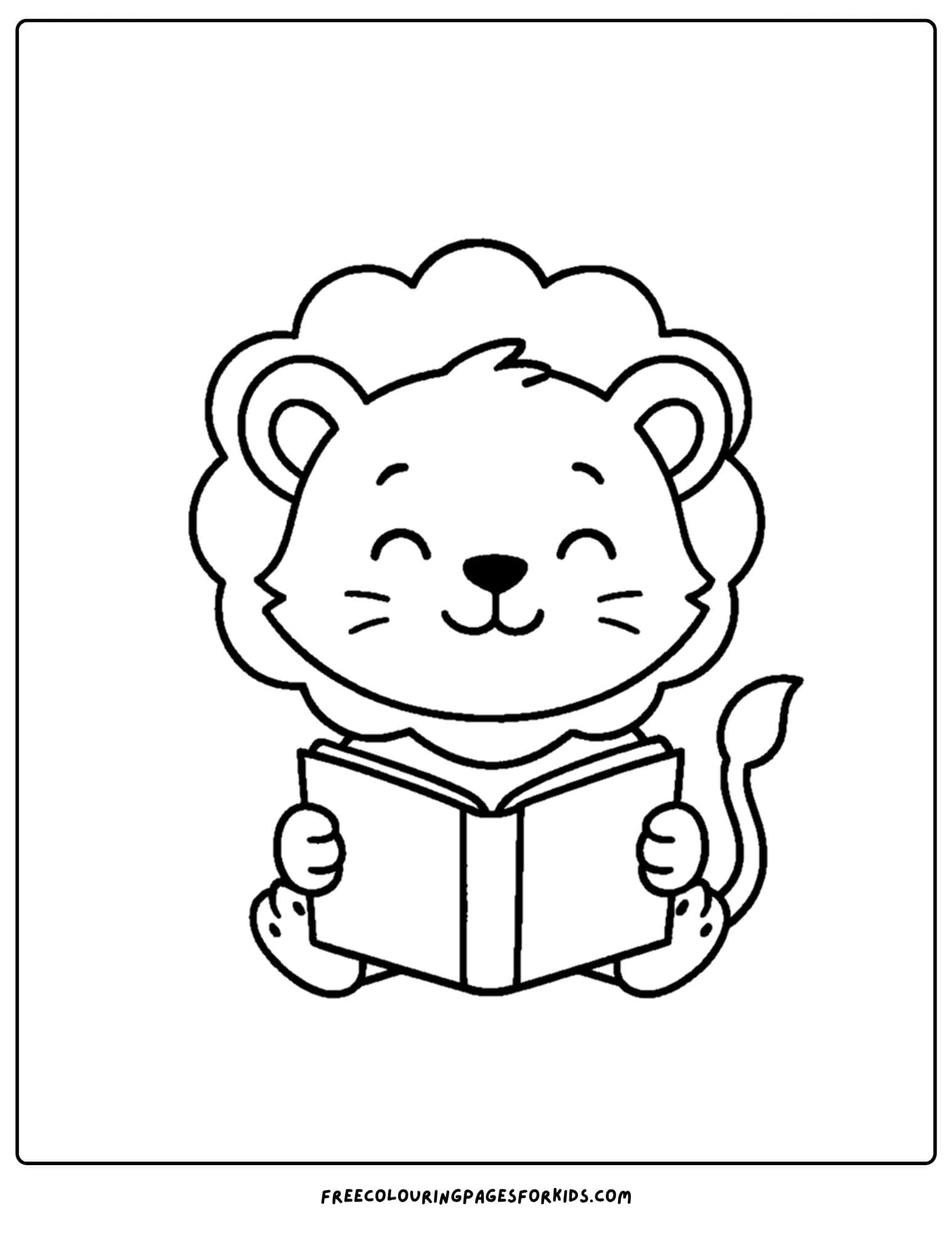 a coloring page of a lion sitting reading a book