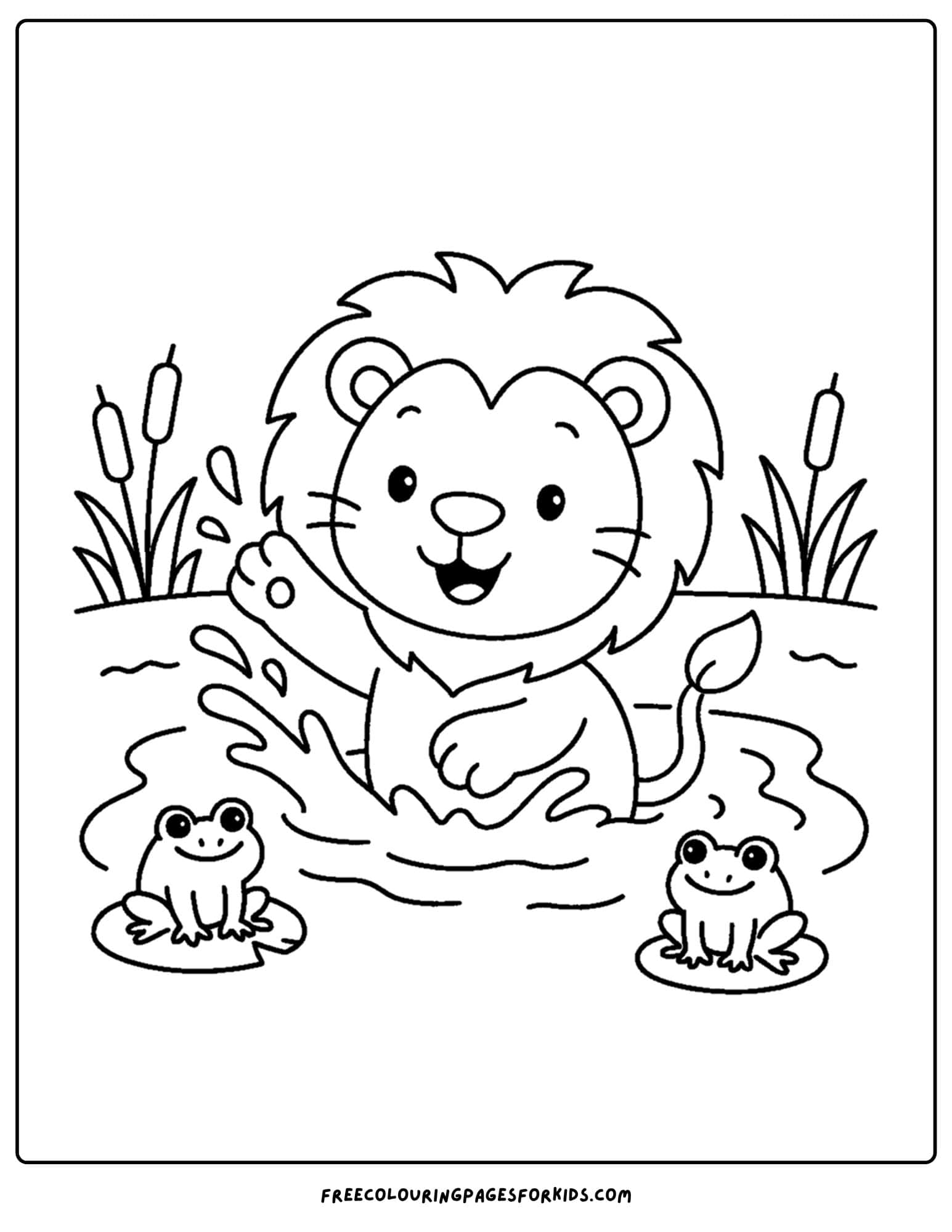 a coloring page of a lion splashing in a pond with some frogs