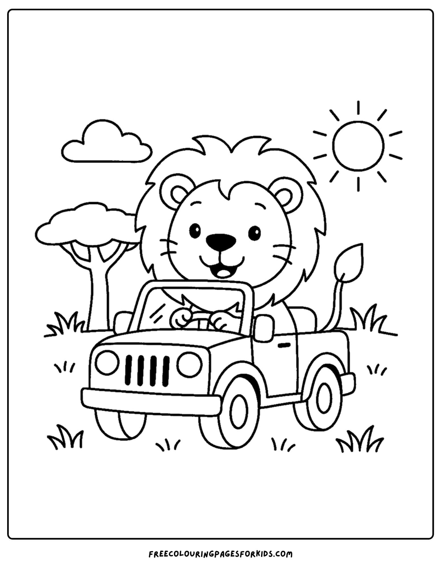 a coloring page of a lion driving a safari jeep