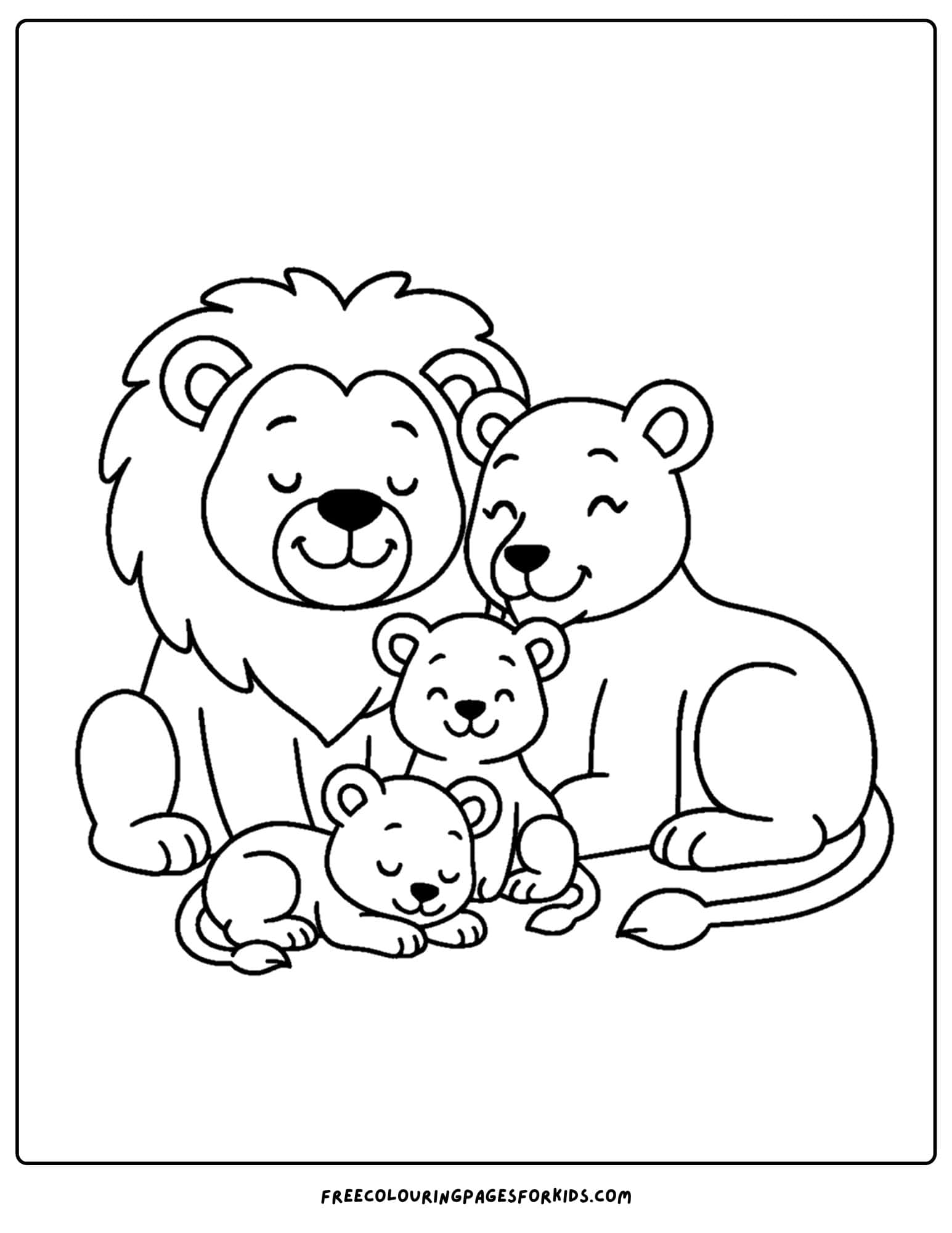 a coloring page of a lion family together cuddling