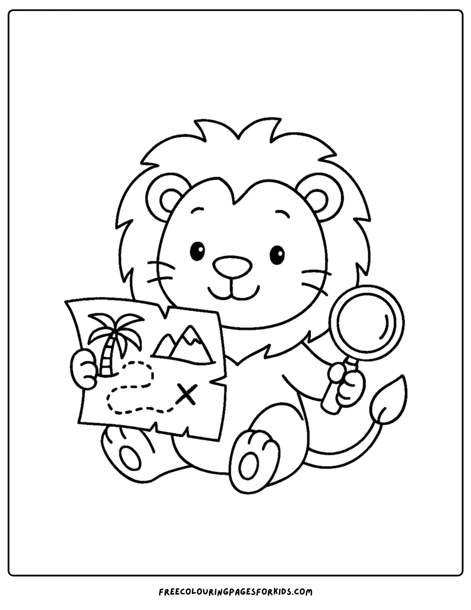 a coloring page of a lion holding a map looking for treasure
