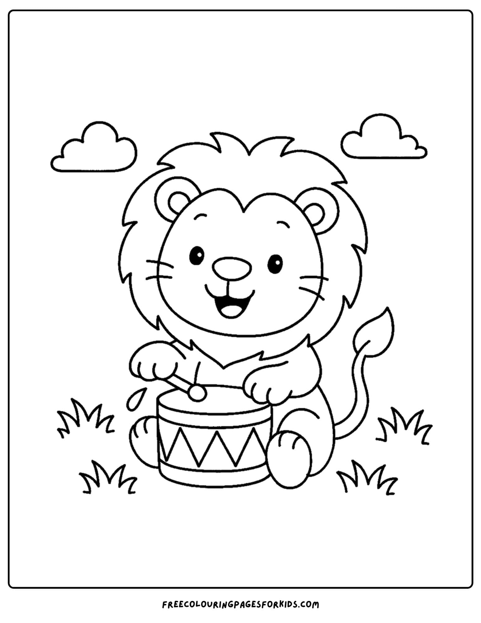 a coloring page of a lion playing a jungle drum