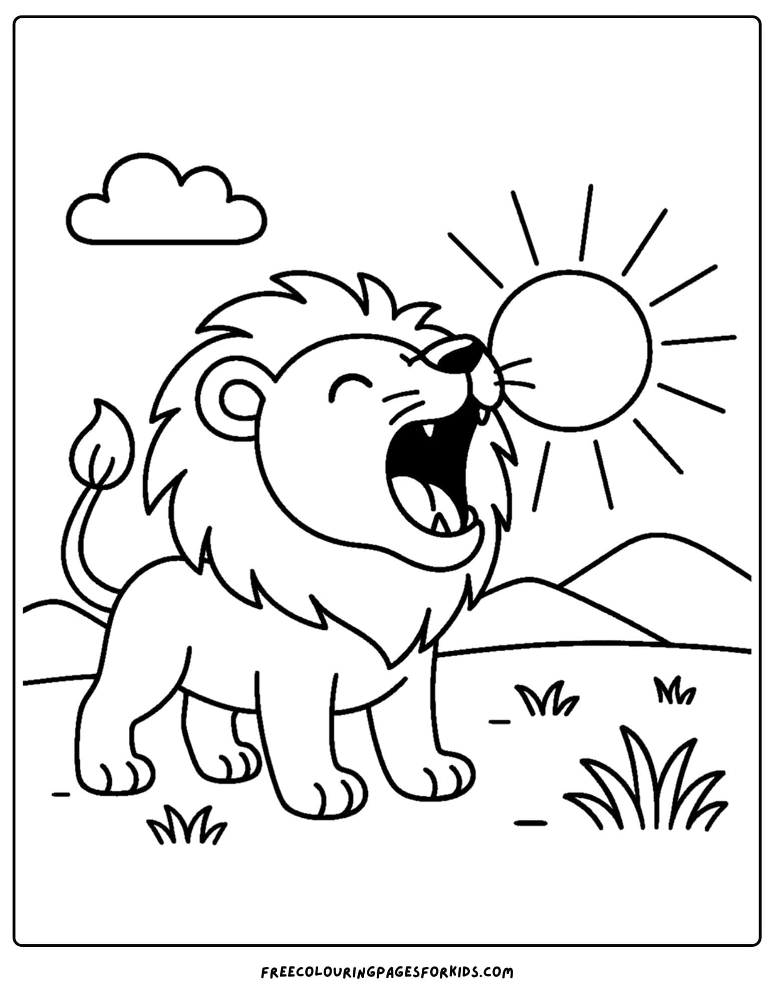 a coloring page of a lion roaring at the sun