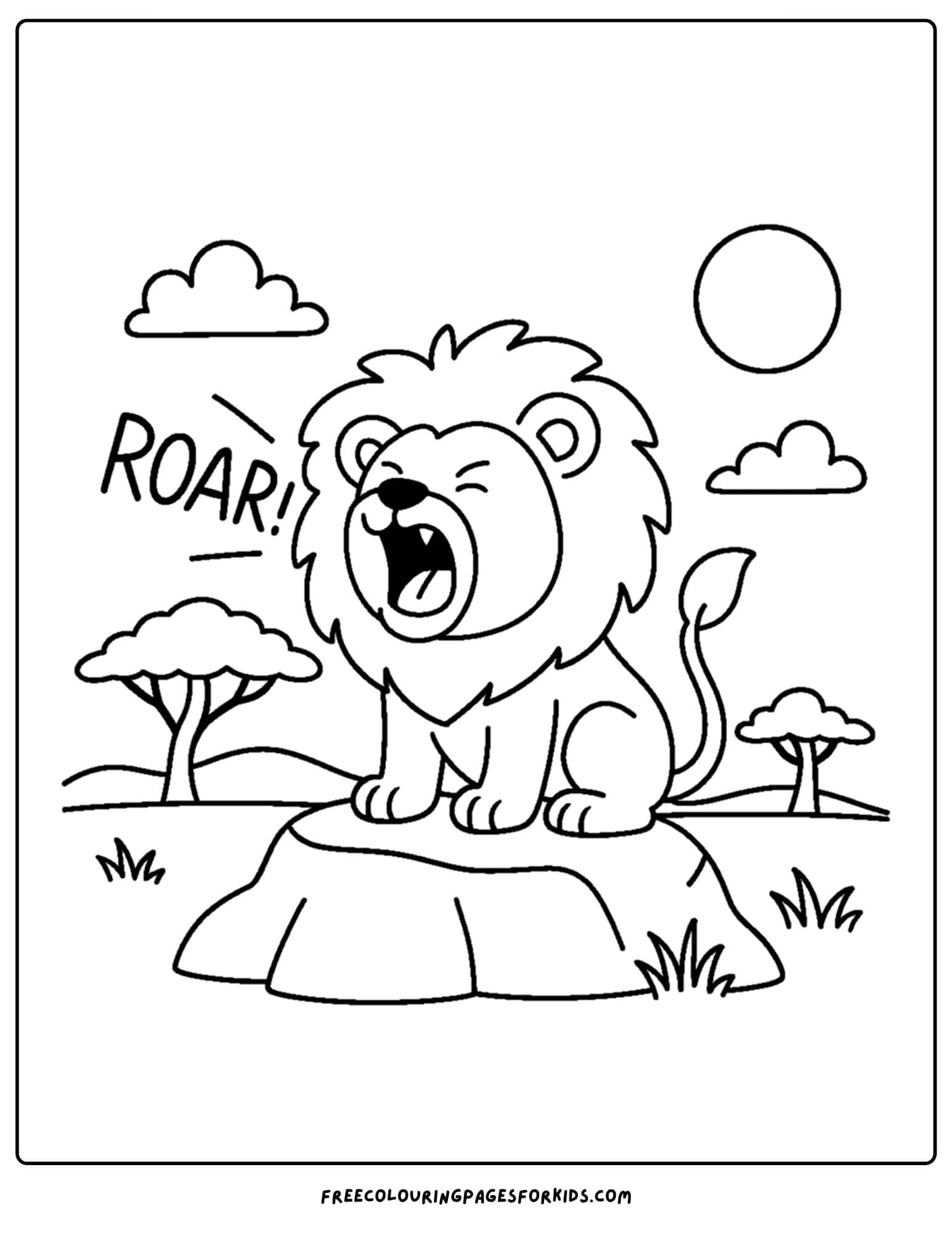 a coloring page of a lion sitting on a rock roaring