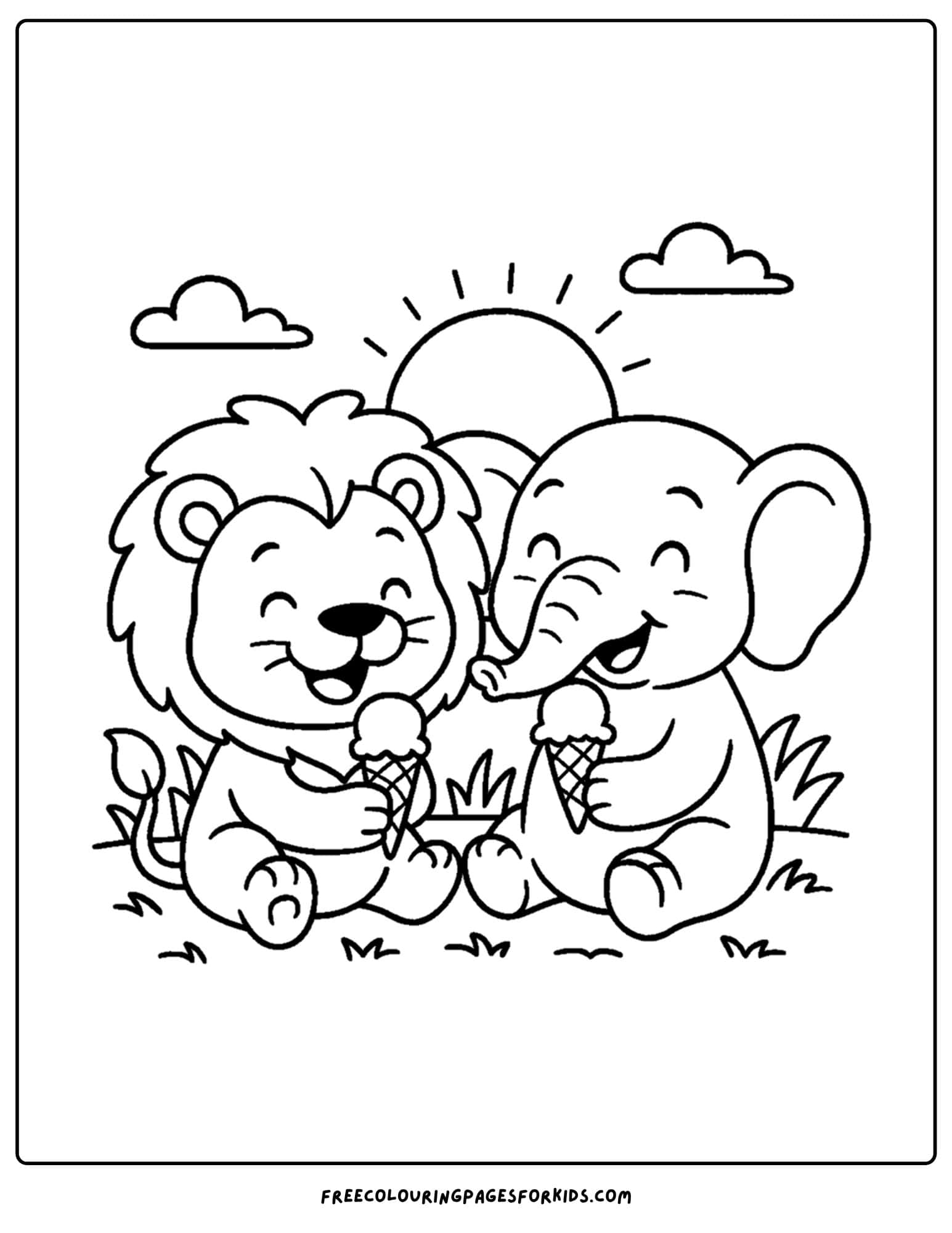 a coloring page of a lion and an elephant sitting eating ice cream