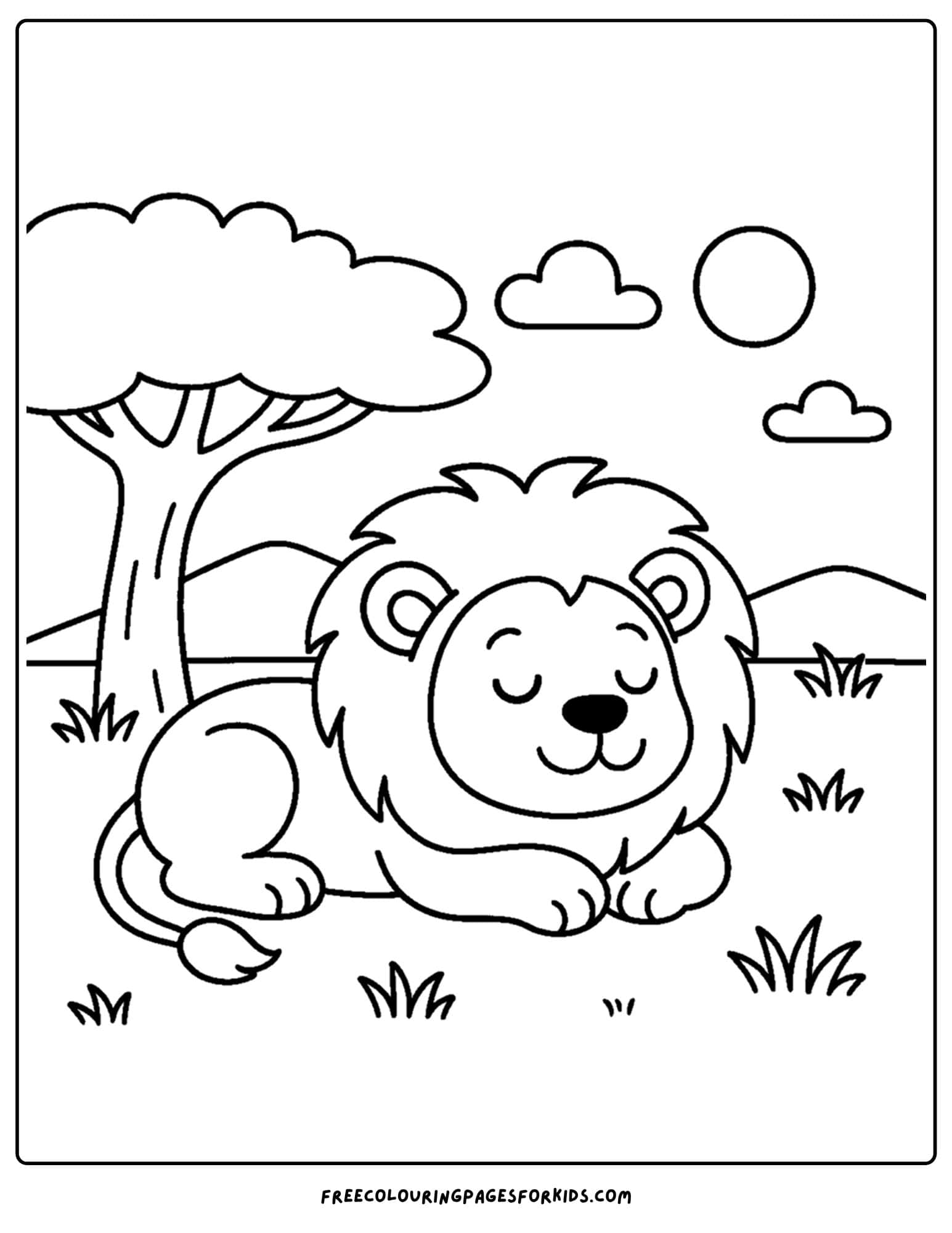 a coloring page of a lion sleeping under a tree