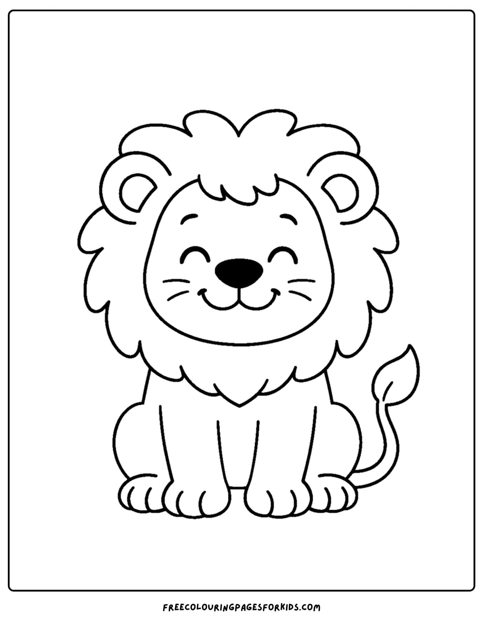 a coloring page of a lion sitting and smiling