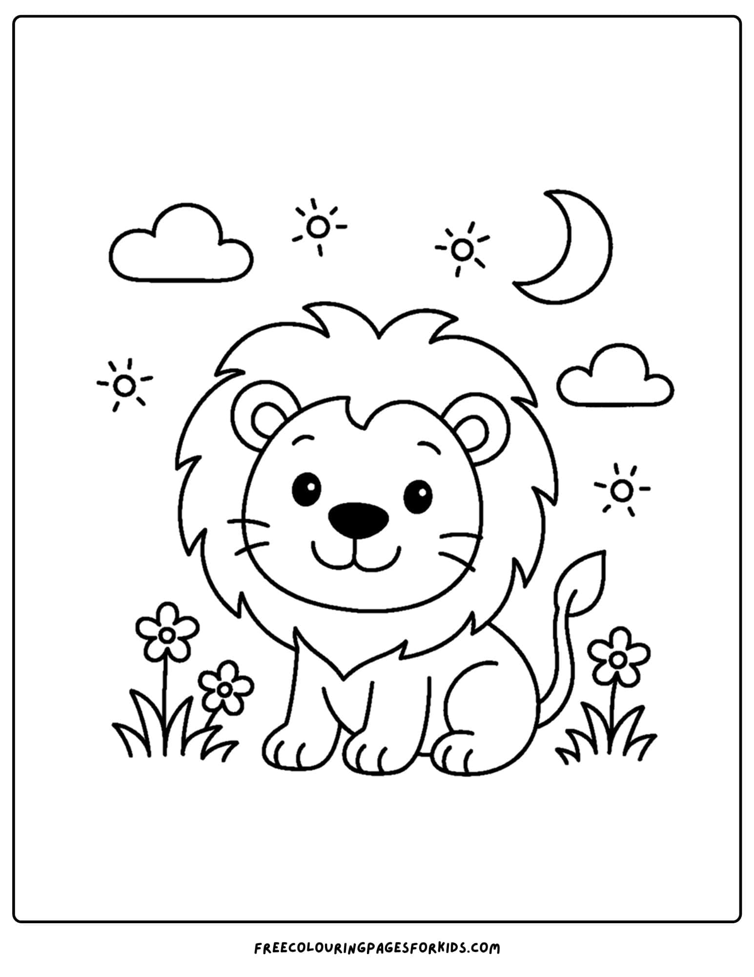 a coloring page of a lion looking at the nights sky