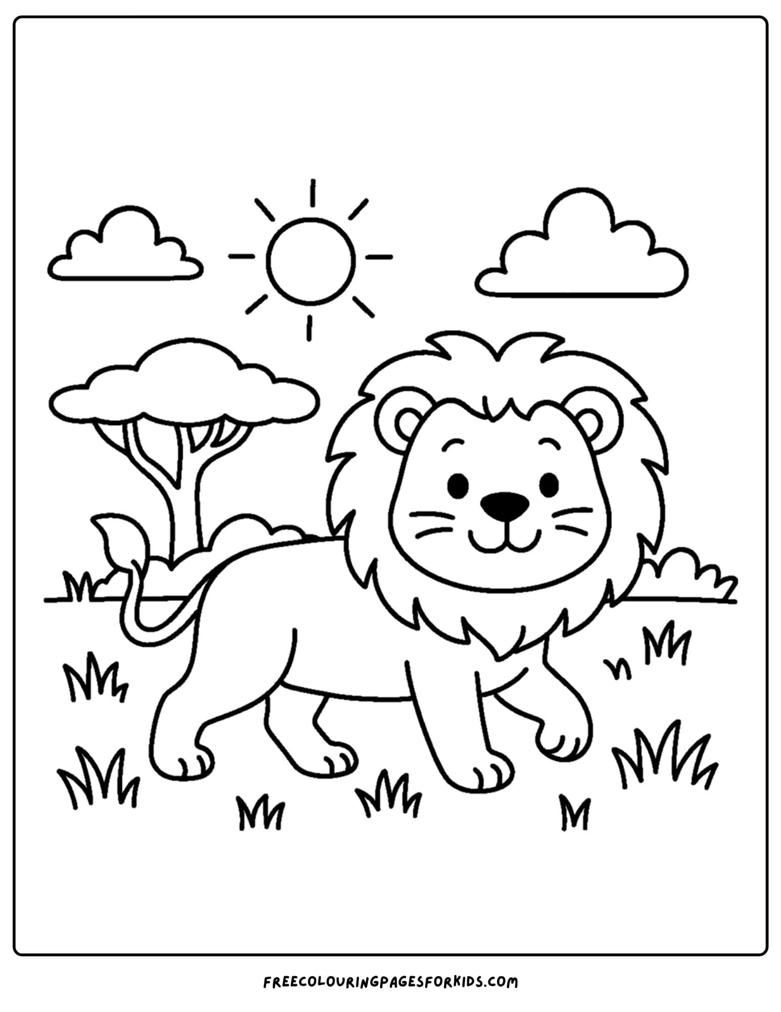 a coloring page of a lion walking through the savannah