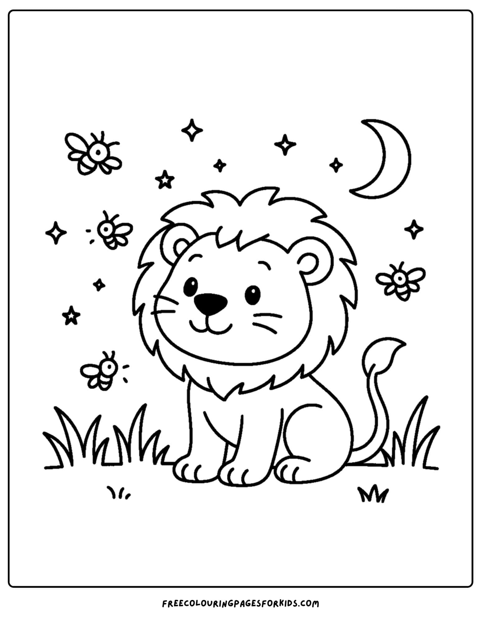 a coloring page of a lion looking up at fireflies in the sky