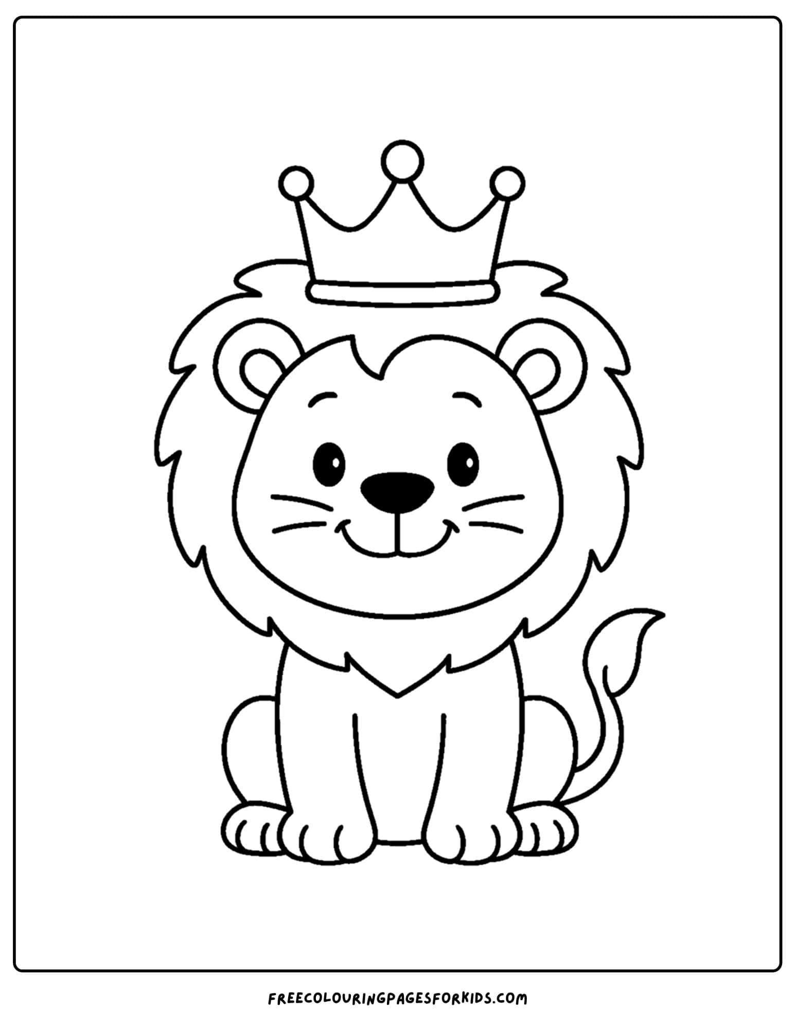 a coloring page of a lion sitting and wearing a crown