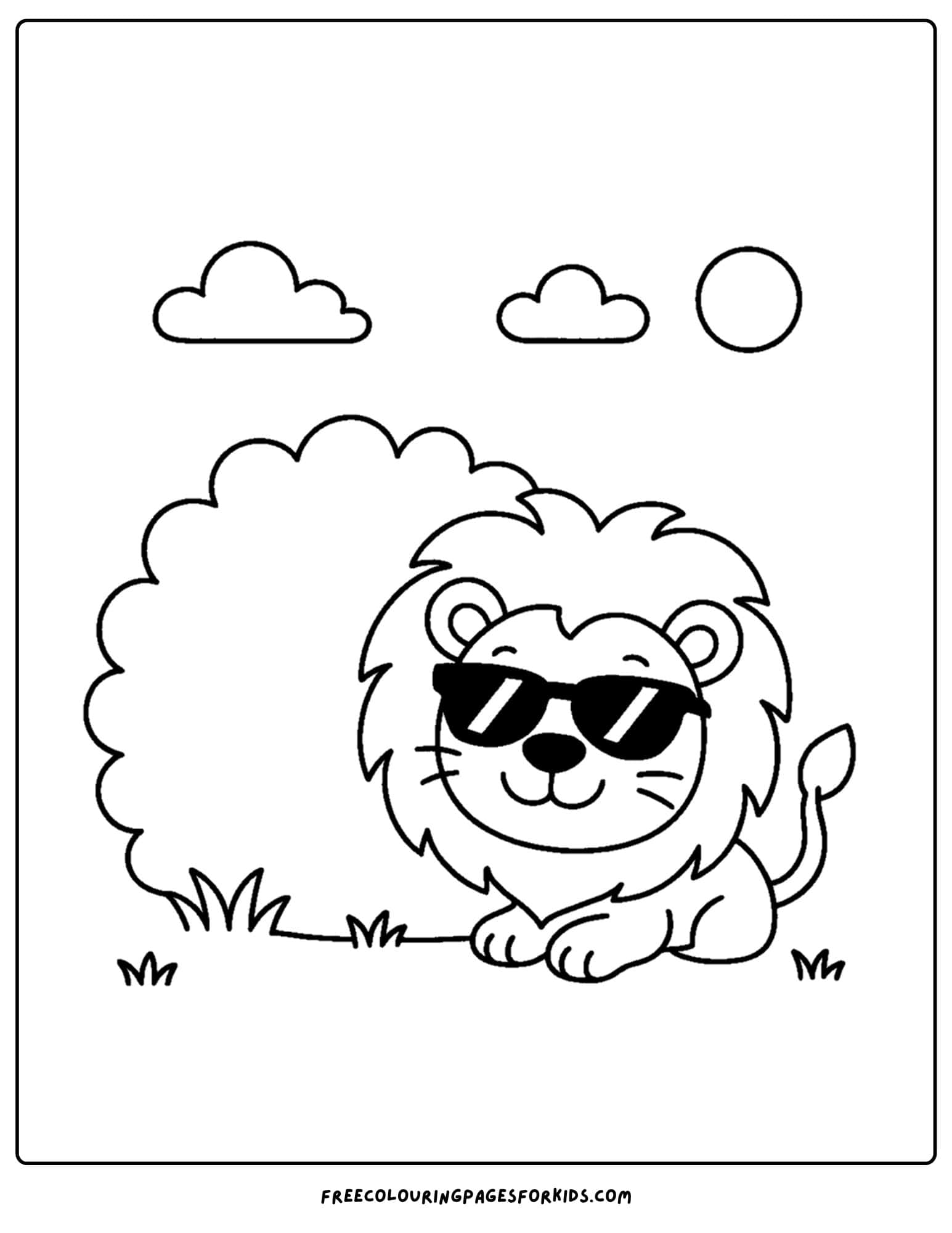 a coloring page of a lion wearign sunglasses crouched down behind a bush